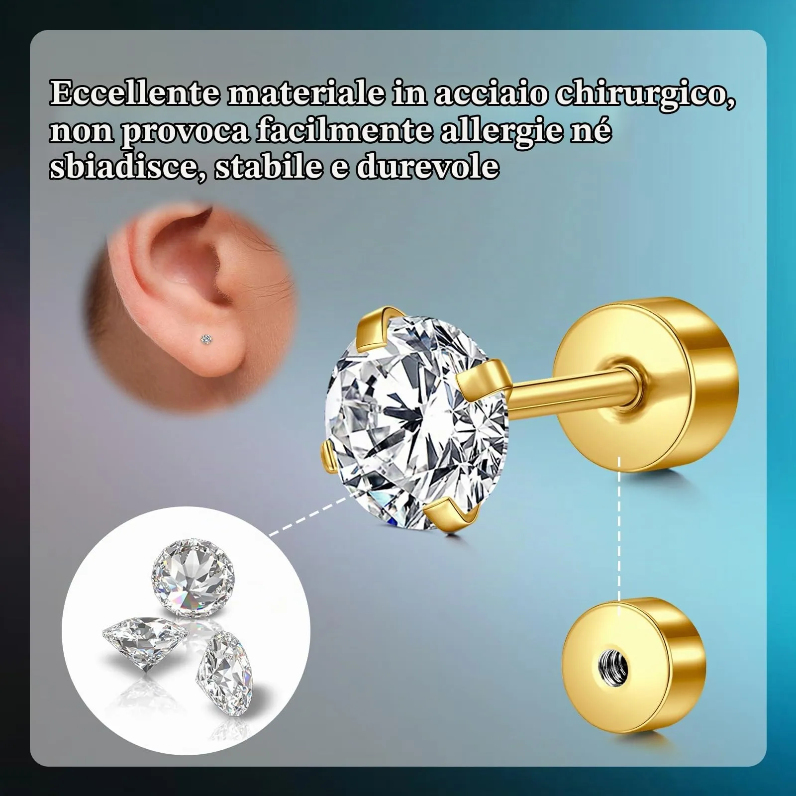LAURITAMI Set di 6 Orecchini a Perno in Acciaio Chirurgico 20G con Zirconia 3-8mm, Oro Rosa - immagine 3