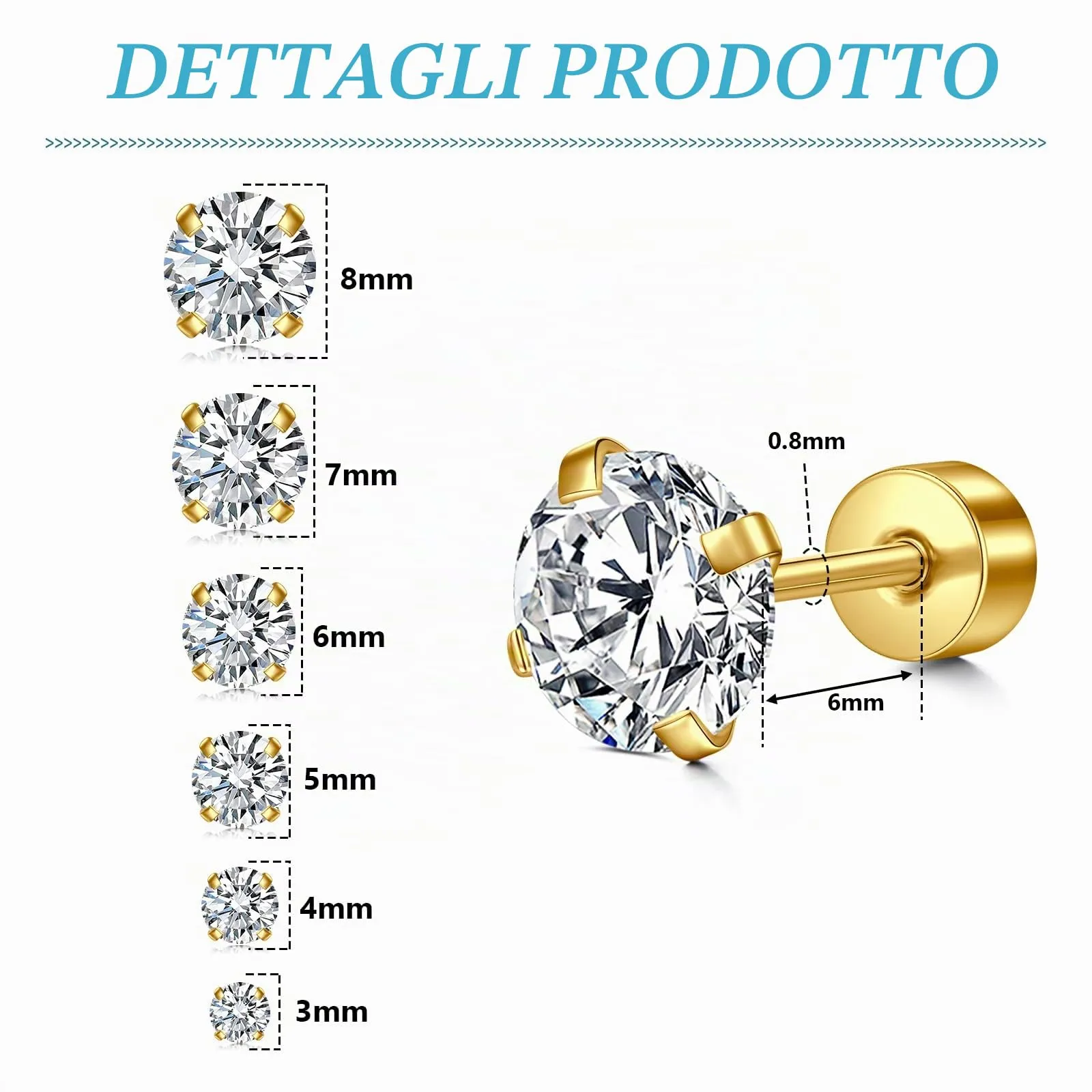 LAURITAMI Set di 6 Orecchini a Perno in Zirconia e Acciaio Chirurgico 20G, 3-8mm - immagine 2
