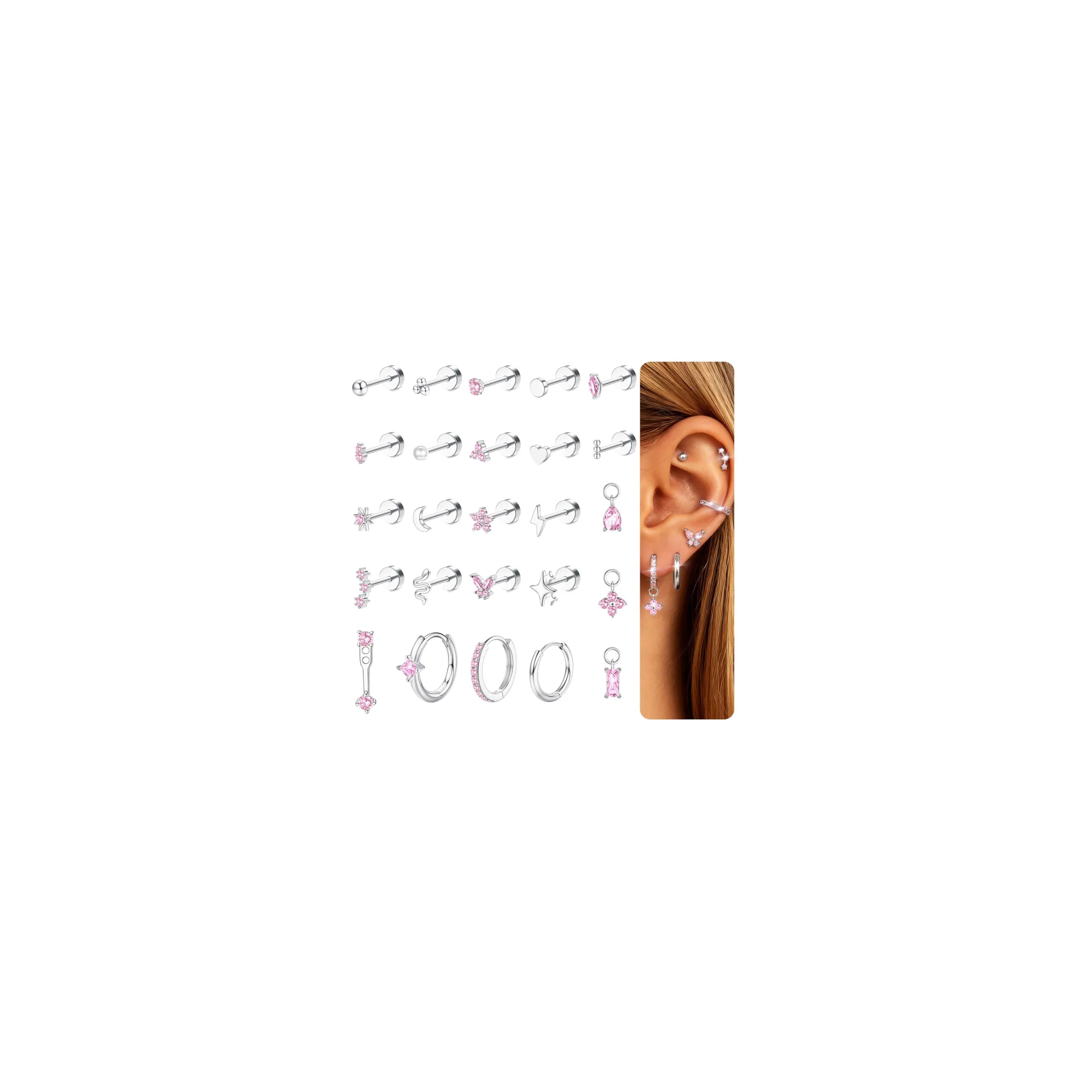 KRFY Set 25 Pezzi Orecchini Piercing in Acciaio Chirurgico Ipoallergenici, Oro e Argento per Helix, Lobo, Conch e Trago - immagine 1
