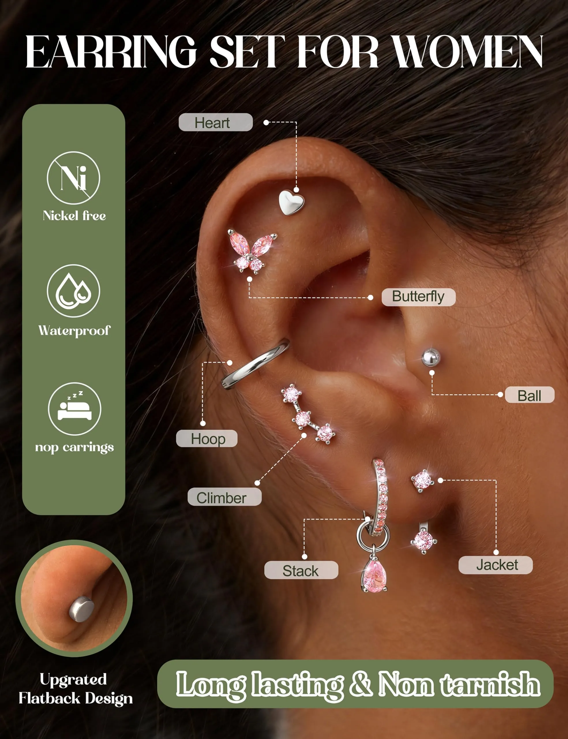 KRFY Set 25 Pezzi Orecchini Piercing in Acciaio Chirurgico Ipoallergenici, Oro e Argento per Helix, Lobo, Conch e Trago - immagine 3