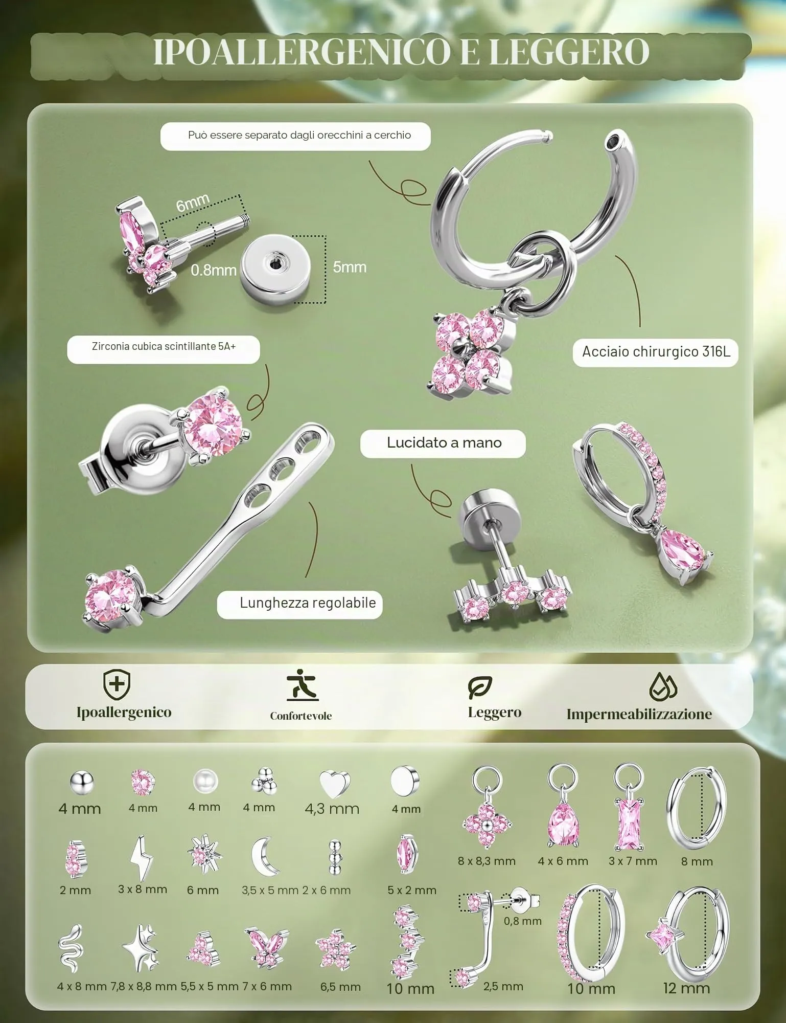 KRFY Set 25 Pezzi Orecchini Piercing in Acciaio Chirurgico Ipoallergenici, Oro e Argento per Helix, Lobo, Conch e Trago - immagine 5