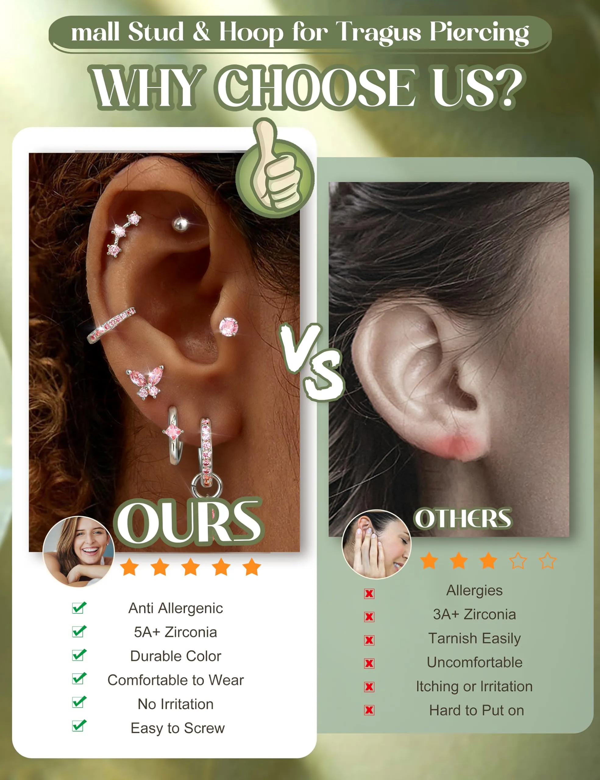 KRFY Set 25 Pezzi Orecchini Piercing in Acciaio Chirurgico Ipoallergenici, Oro e Argento per Helix, Lobo, Conch e Trago - immagine 7