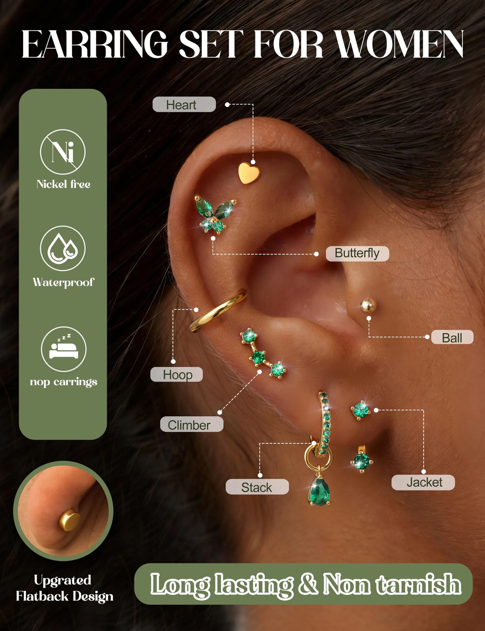 KRFY Set di 25 Orecchini in Acciaio Chirurgico Ipoallergenici per Donna, Oro e Argento, per Lobo, Cartilagine, Helix, Conch e Trago - immagine 3