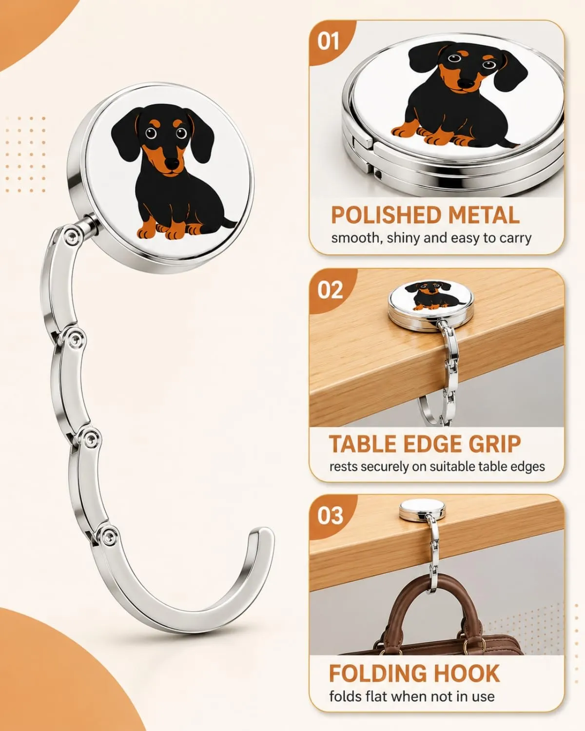 YAZWUR Set da 3 Ganci Borsa da Tavolo a Forma di Dachshund, Pieghevoli e Portatili con Supporto Antiscivolo - immagine 3