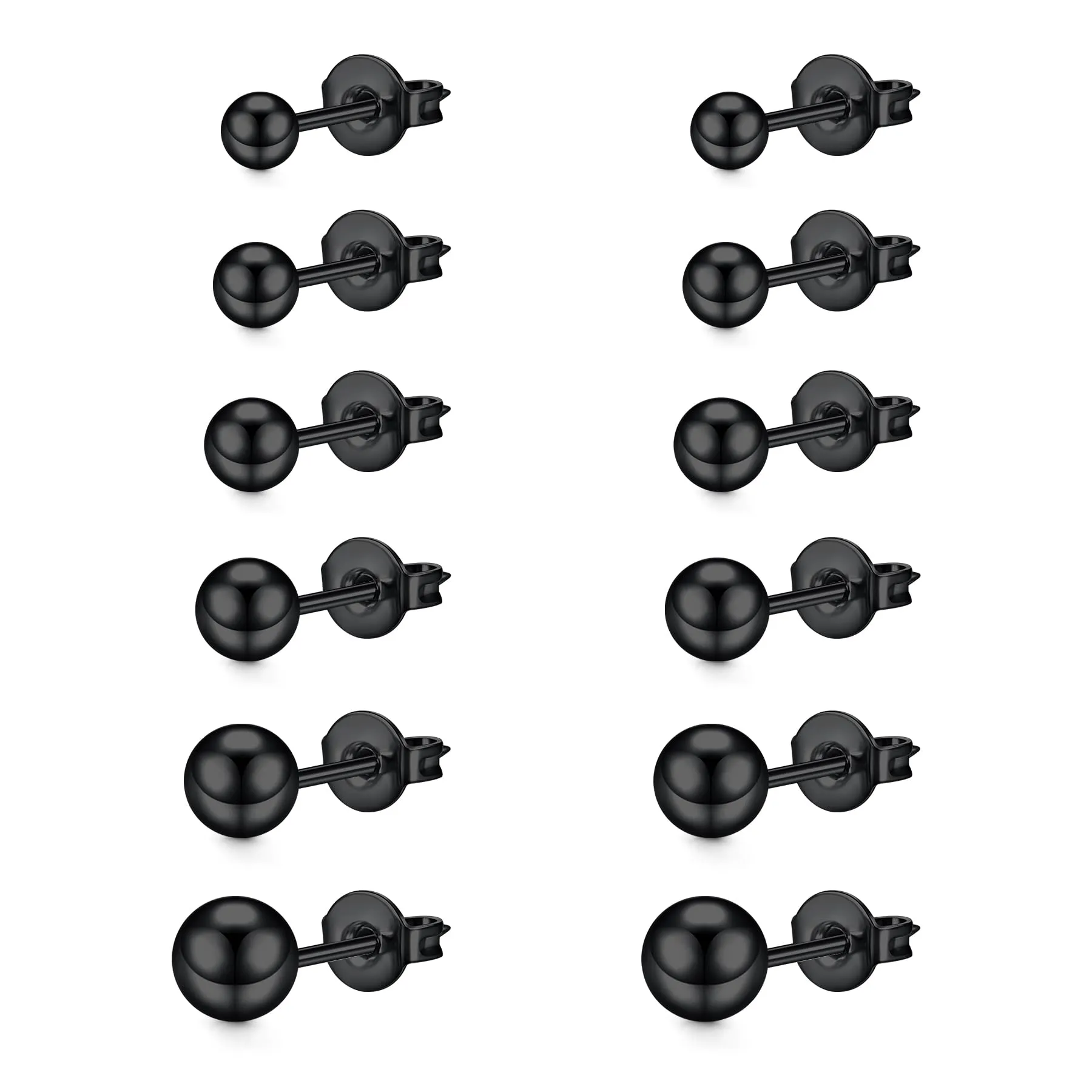 LAURITAMI Set di 6 Paia di Orecchini a Pallina 3-8mm, Acciaio Chirurgico 20G, Nero - immagine 1