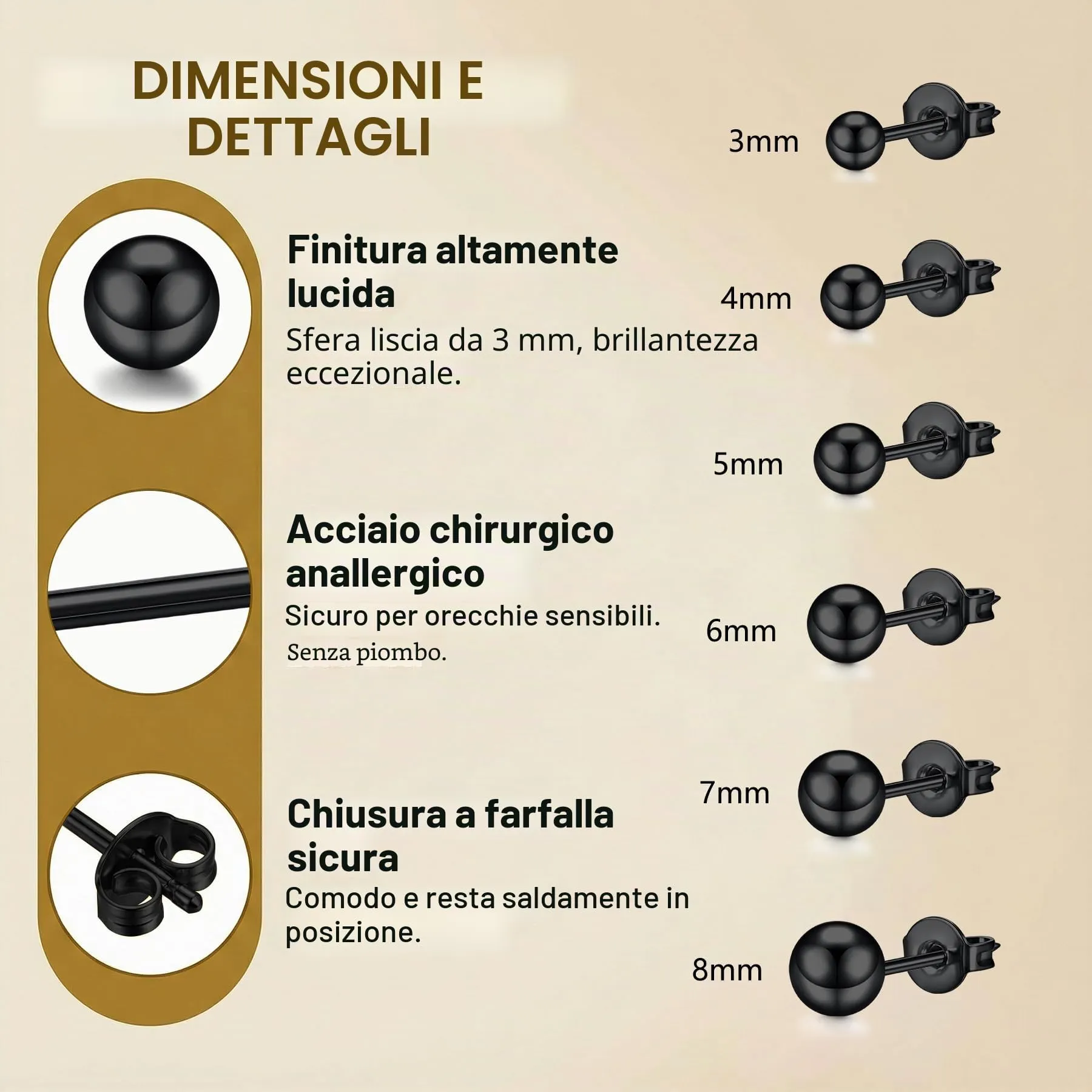 LAURITAMI Set di 6 Paia di Orecchini a Pallina 3-8mm, Acciaio Chirurgico 20G, Nero - immagine 2