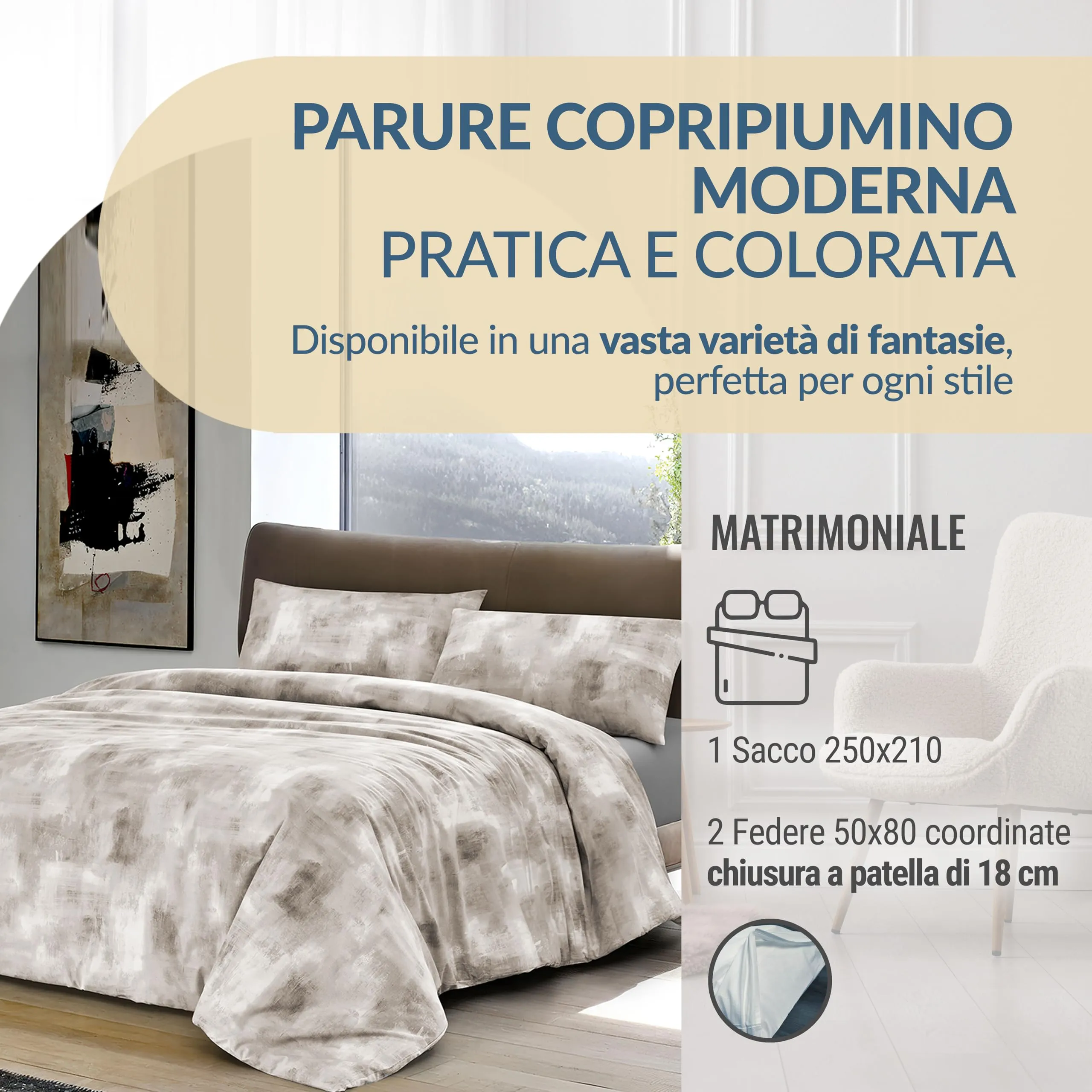 Dorian Home Copripiumino Matrimoniale in Cotone 250x210 cm con 2 Federe, Nebula Beige - immagine 2