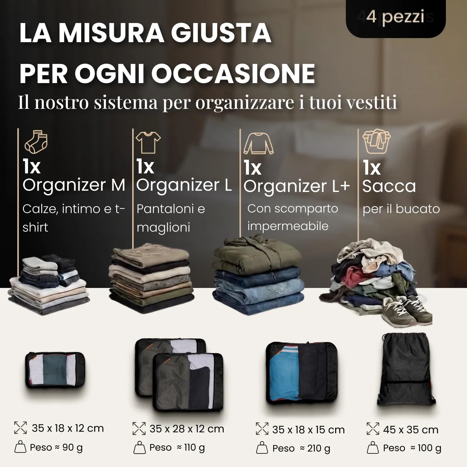 LOONARA Travel Sacchetti Compressibili per Valigie e Zaini, Set 4 Pezzi, Midnight Escape - Nero - immagine 5