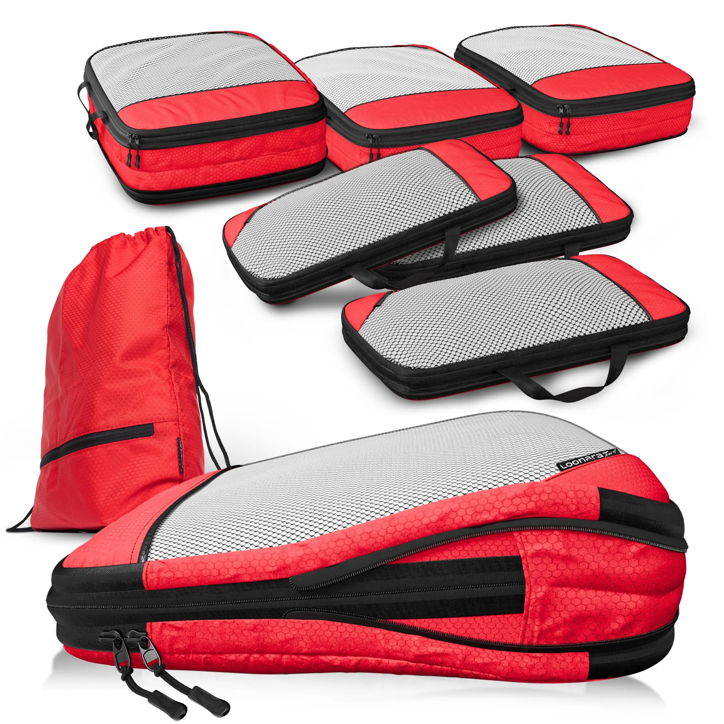 LOONARA Travel Sacchetti Compressibili per Valigie e Zaini, Set 10 Pezzi, 420D PU (Fuoco Del Tramonto - Rosso) - immagine 1