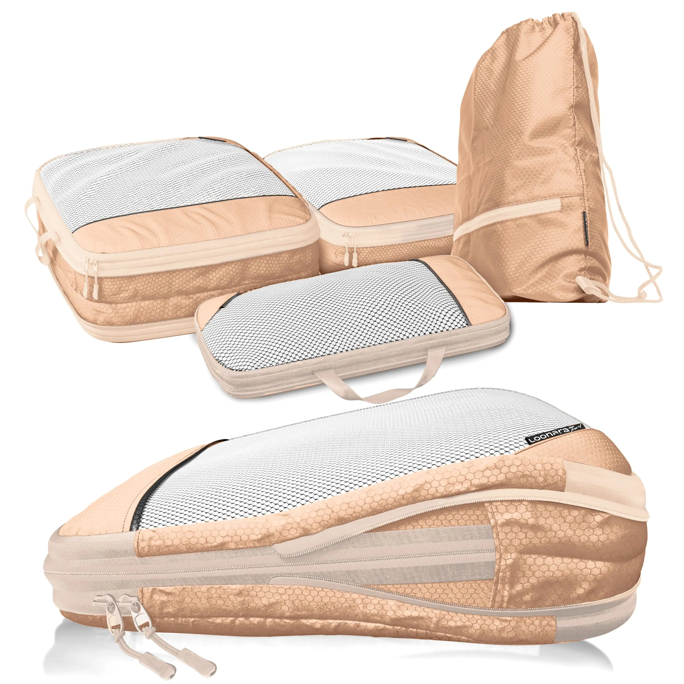 LOONARA Travel Sacchetti Compressibili per Valigie e Zaini, Set 4 Pezzi (Desert Whisper - Beige) - immagine 1