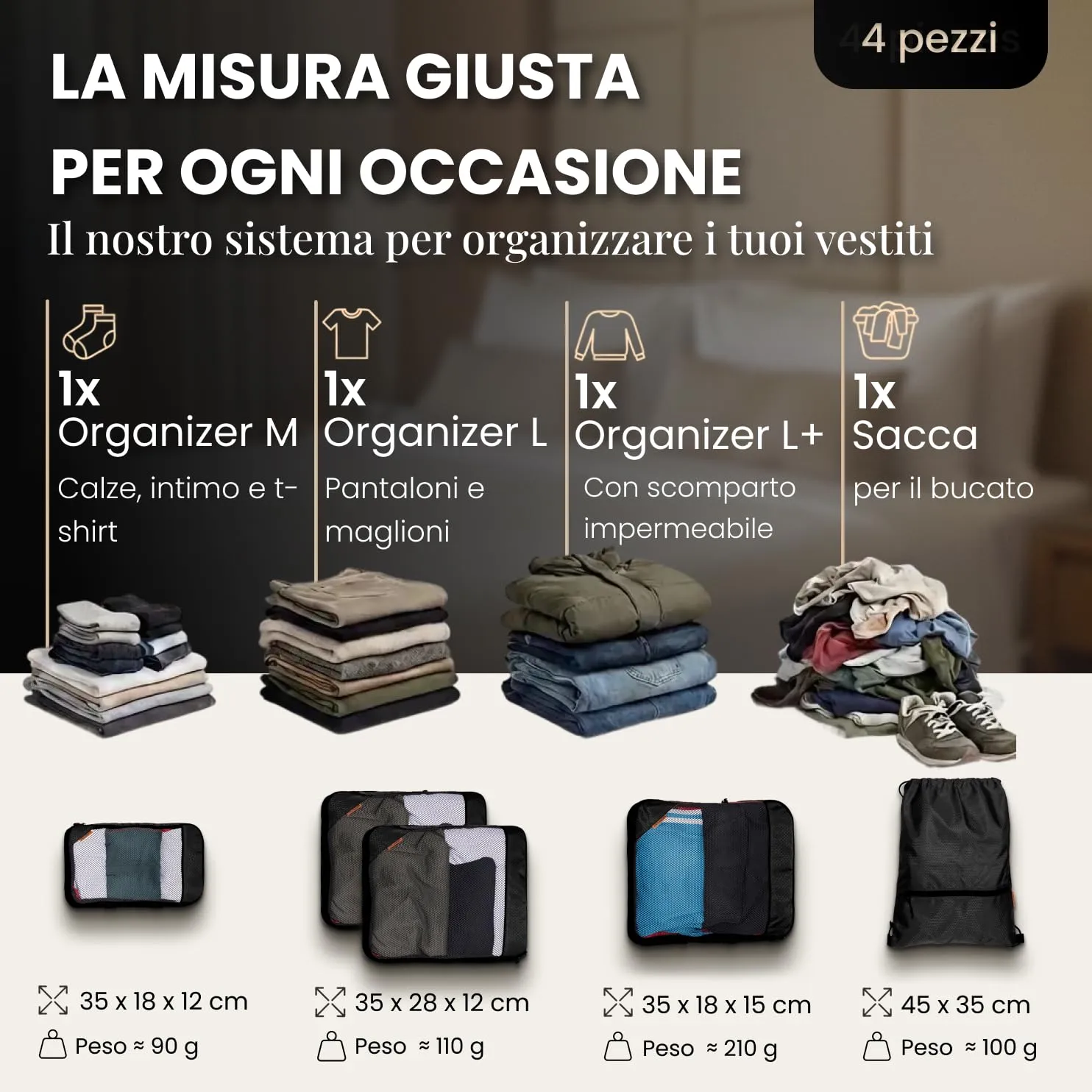LOONARA Travel Sacchetti Compressibili per Valigie e Zaini, Set 4 Pezzi (Desert Whisper - Beige) - immagine 5