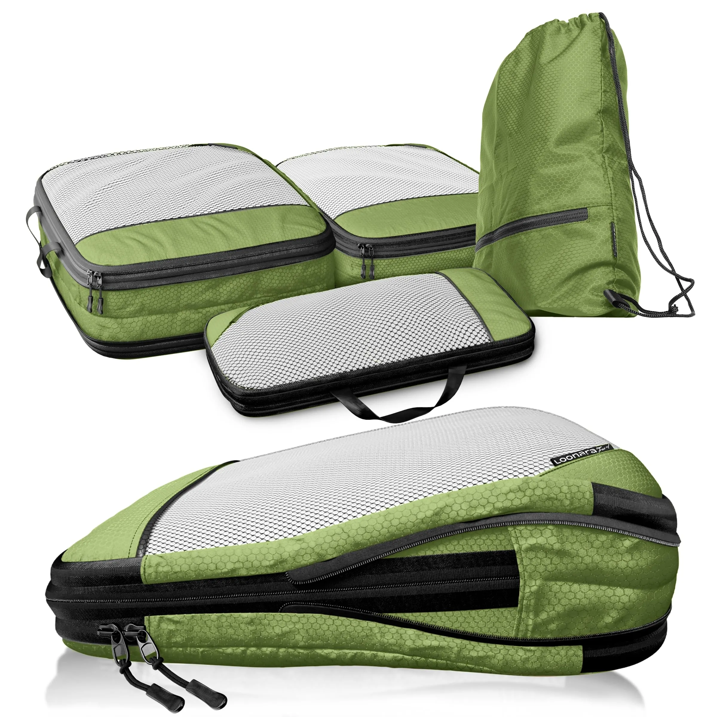 LOONARA Travel Sacchetti compressibili per valigie e zaini, set 4 pezzi (Odissea D'oliva - Verde) - immagine 1