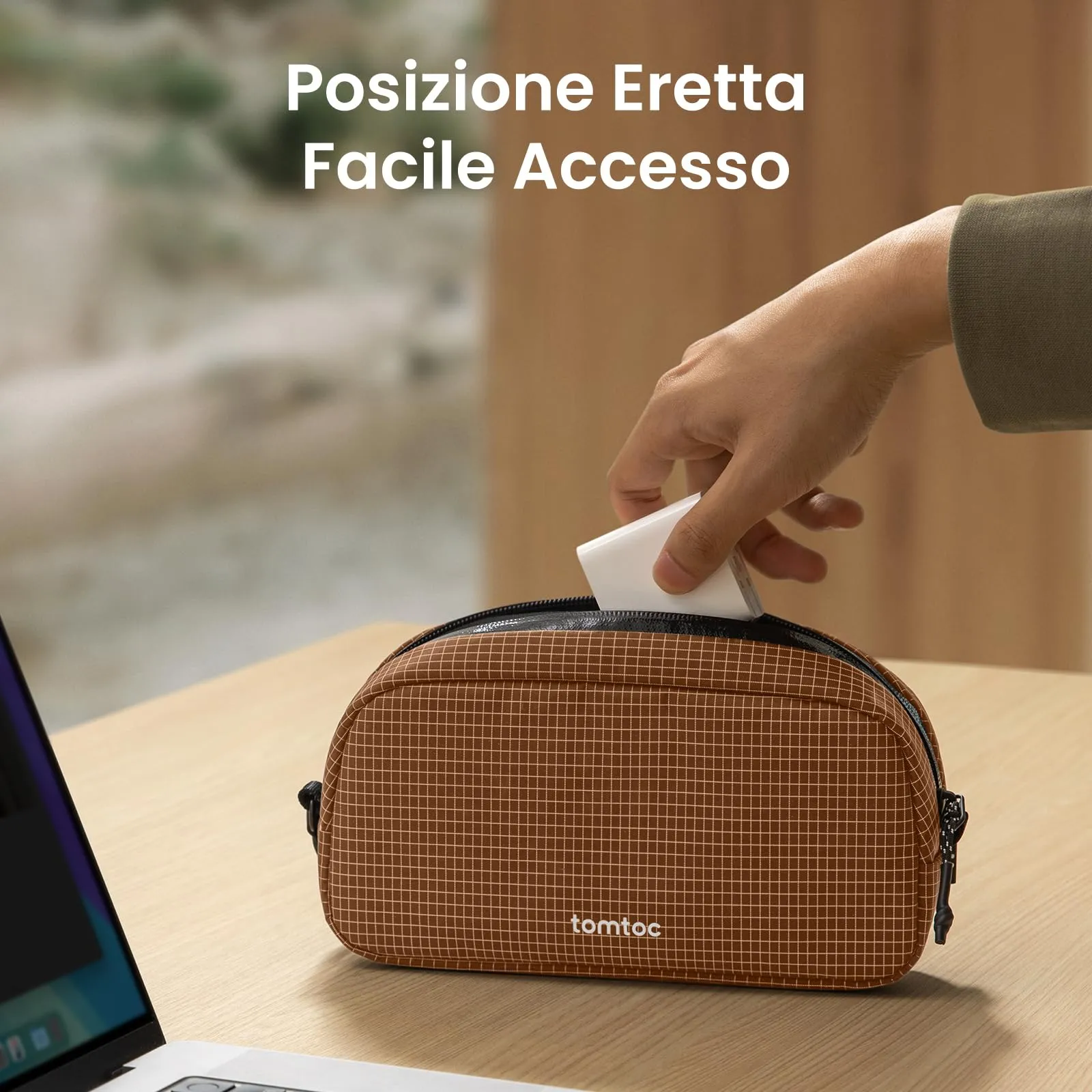 tomtoc Light-T12 Borsa Organizer Accessori Viaggio, Plaid Marrone, S - immagine 4