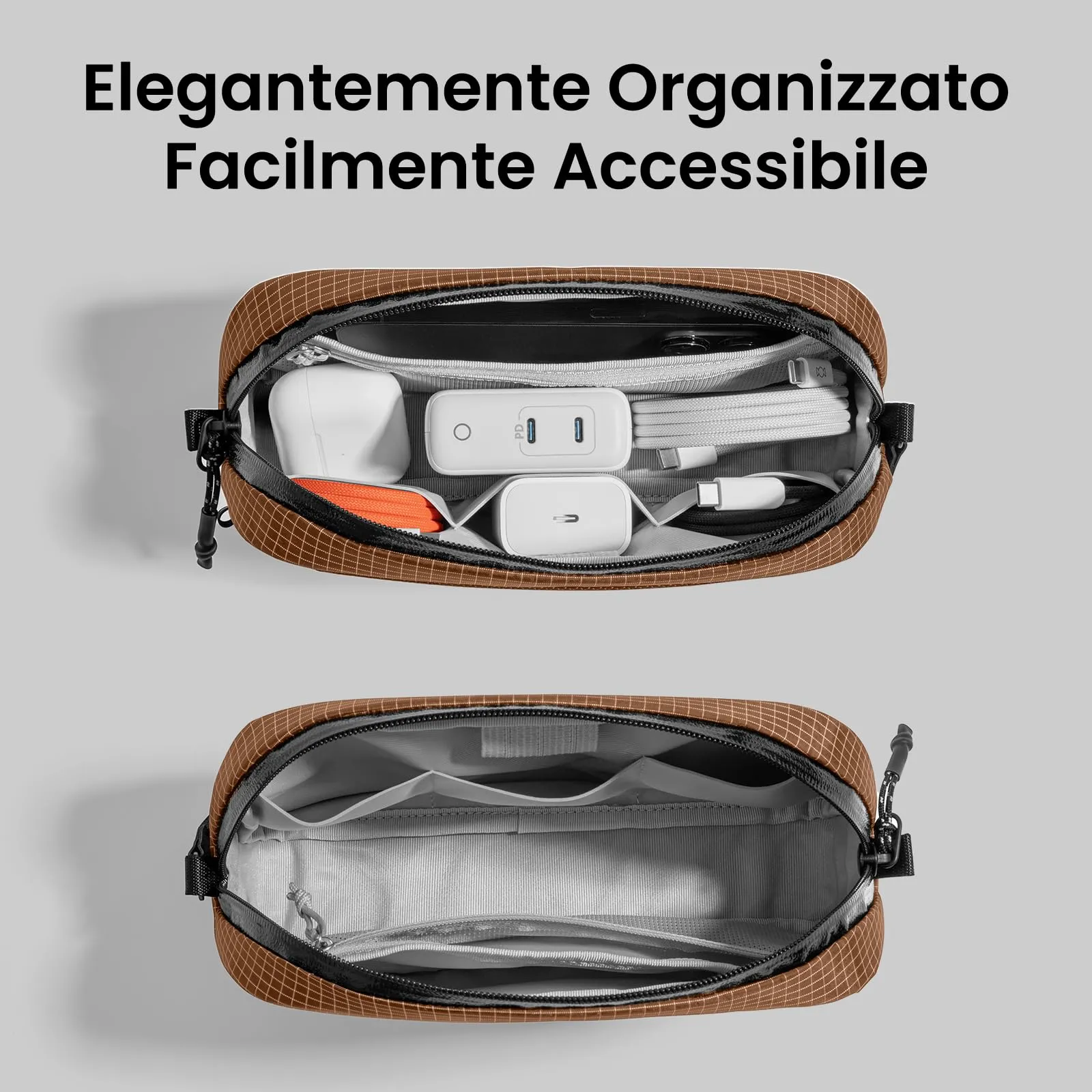 tomtoc Light-T12 Borsa Organizer Accessori Viaggio, Plaid Marrone, S - immagine 5