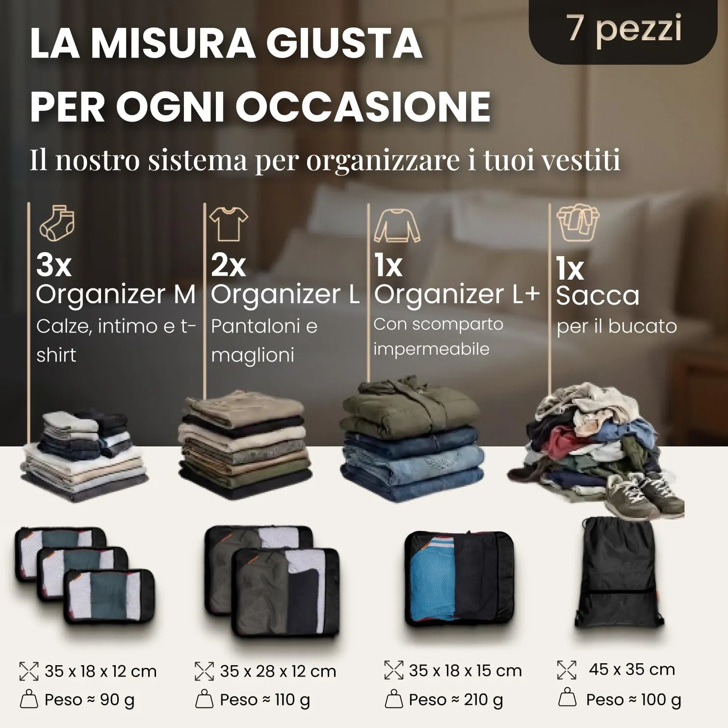 LOONARA Sacchetti compressibili per valigie e zaini, set 7 pezzi (Alpine Slate - Grigio) - immagine 5