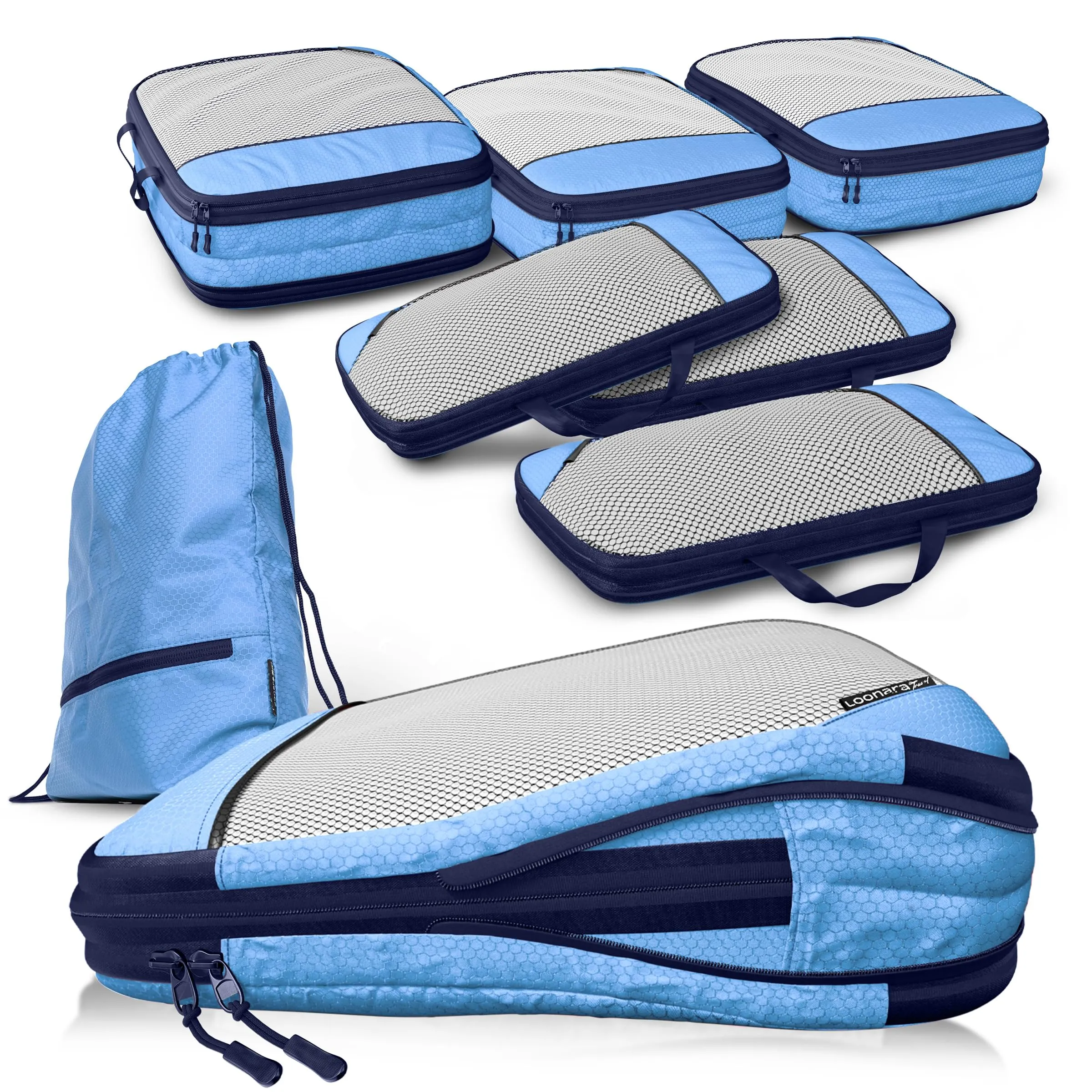LOONARA Travel Sacchetti compressibili per valigie e zaini, set 7 pezzi, Azzurro Mariner - Blu - immagine 1