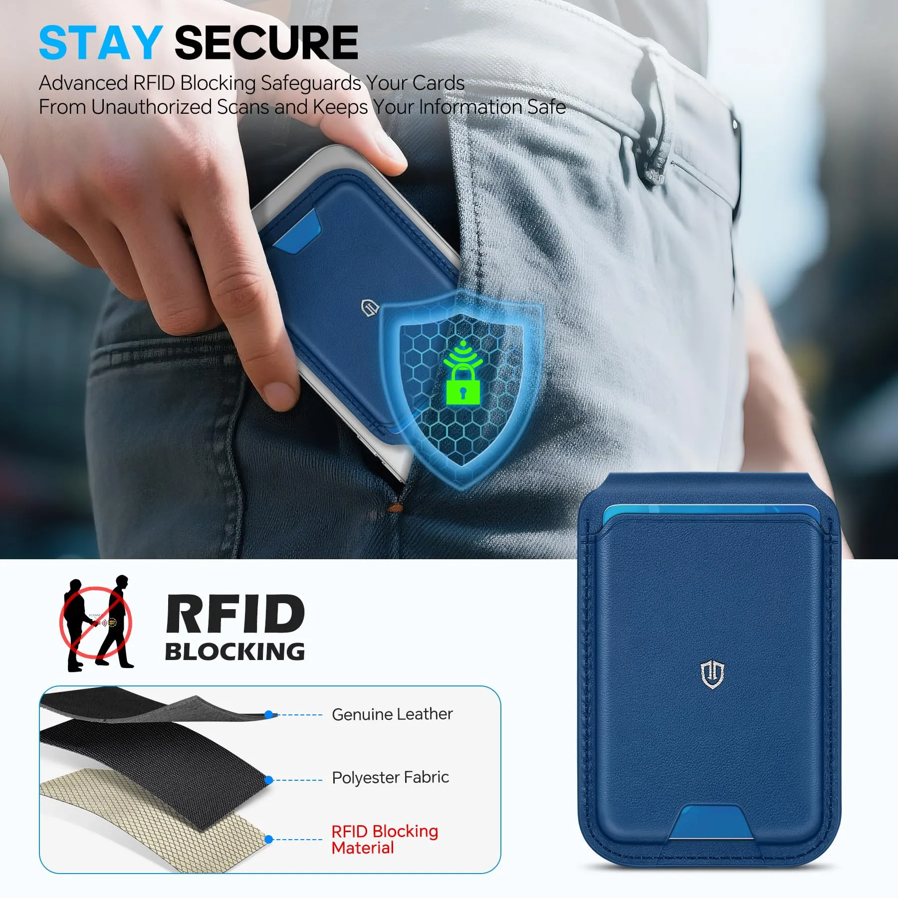 SHIELDON Portafoglio in Vera Pelle per MagSafe, Blu Reale - immagine 6
