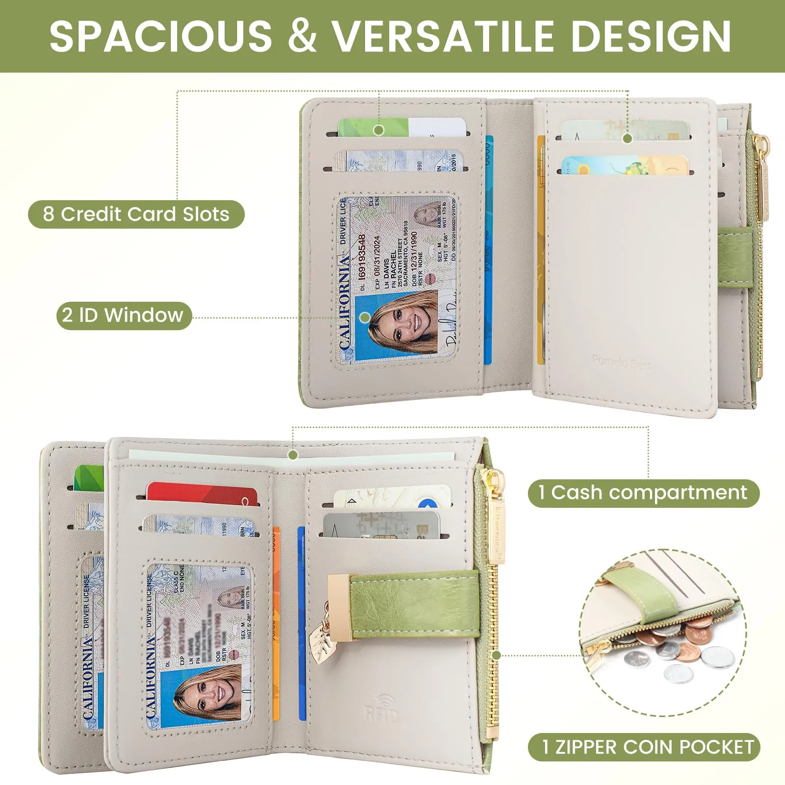 Pomelo Best Portafoglio Donna in Pelle Vegana con Protezione RFID, 8 Scomparti Carte e Portamonete con Cerniera - immagine 3