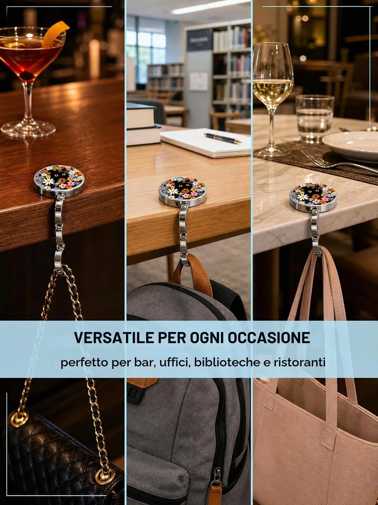 YAZWUR Ganci Borsa da Tavolo Antiscivolo, Set da 3, Supporto 5kg per Scrivania e Ristorante - immagine 5