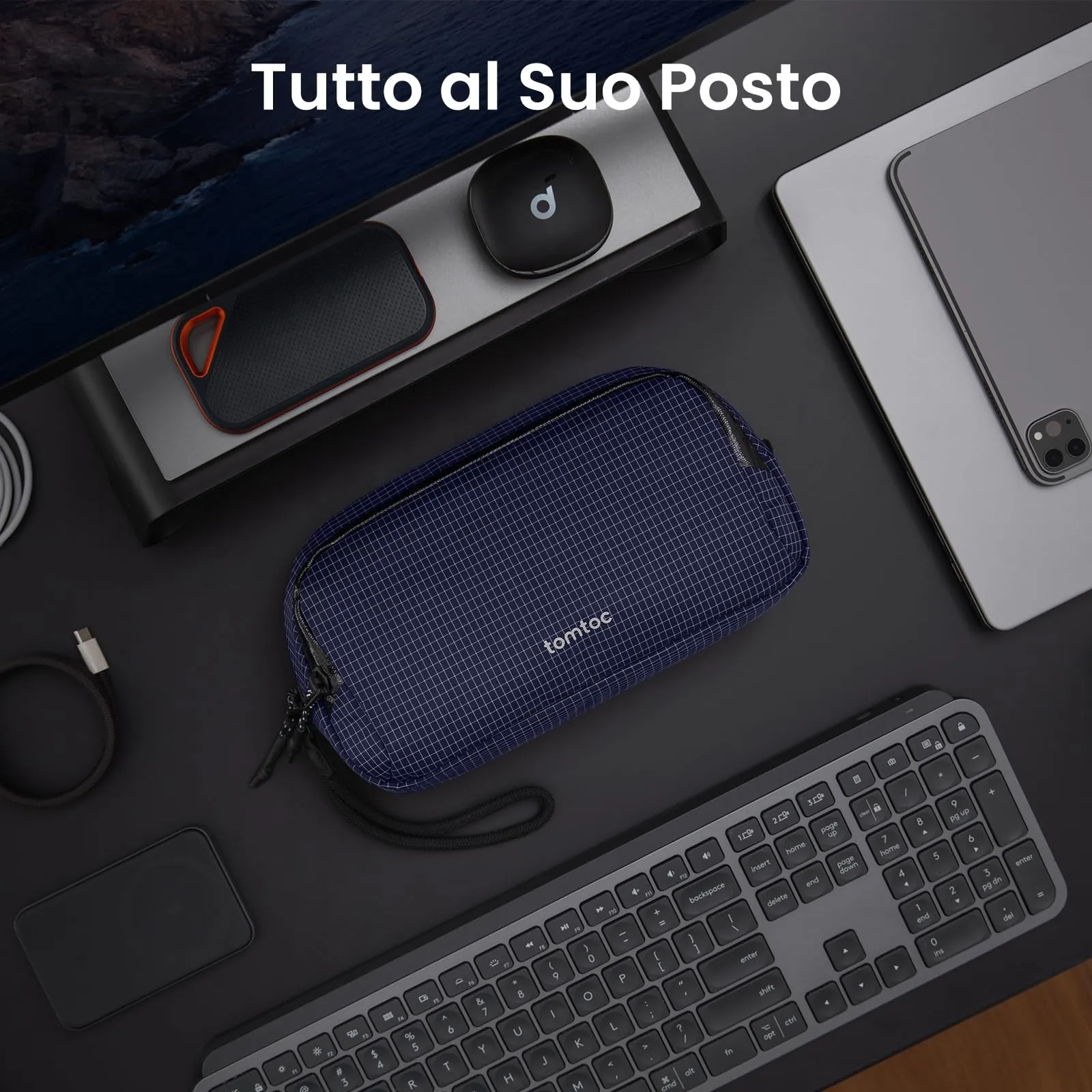 tomtoc Organizer Borsa Accessori Viaggio Light-T12, Borsa Organizer Cavi Tech Pouch, Scozzese Plaid Blu - immagine 3