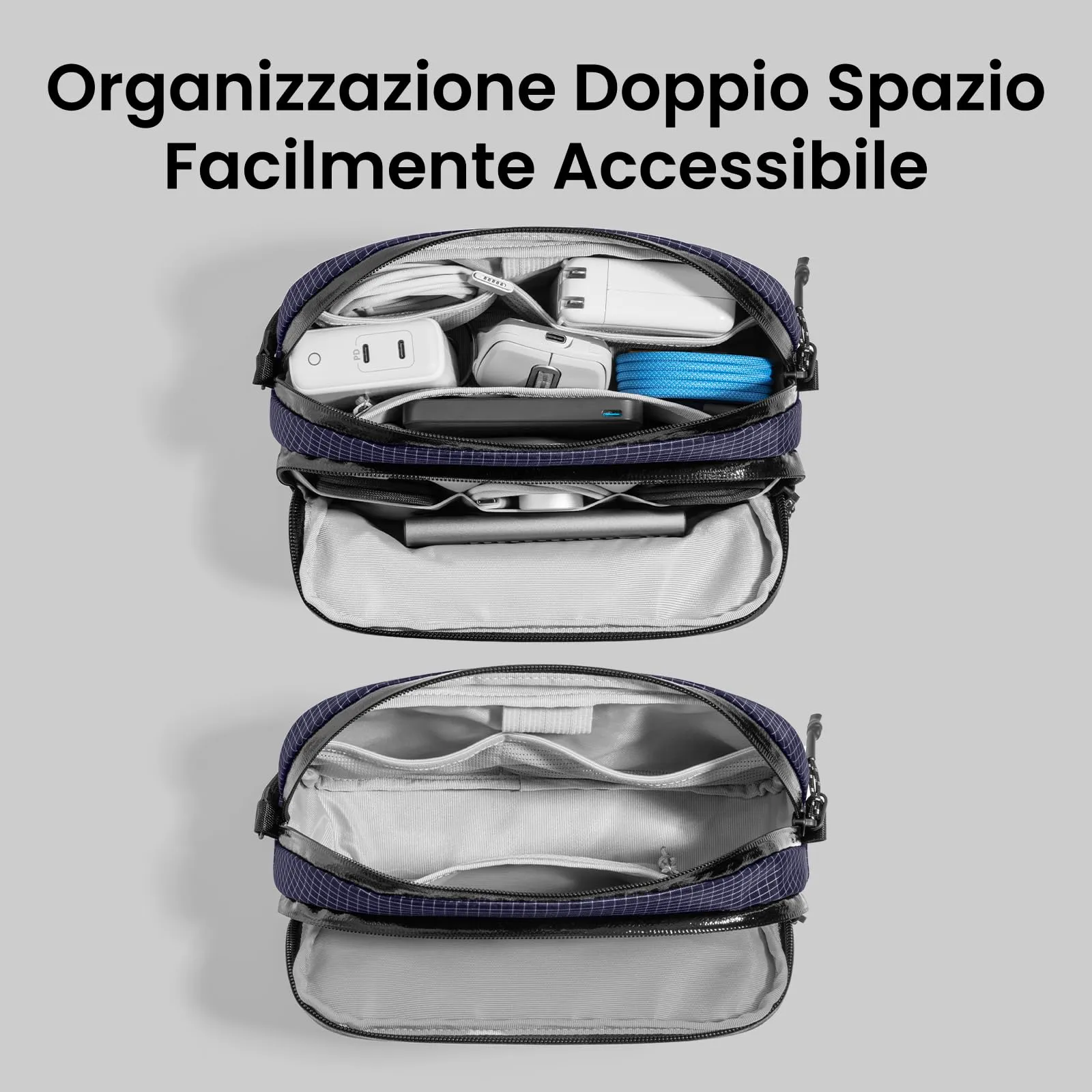 tomtoc Organizer Borsa Accessori Viaggio Light-T12, Borsa Organizer Cavi Tech Pouch, Scozzese Plaid Blu - immagine 5