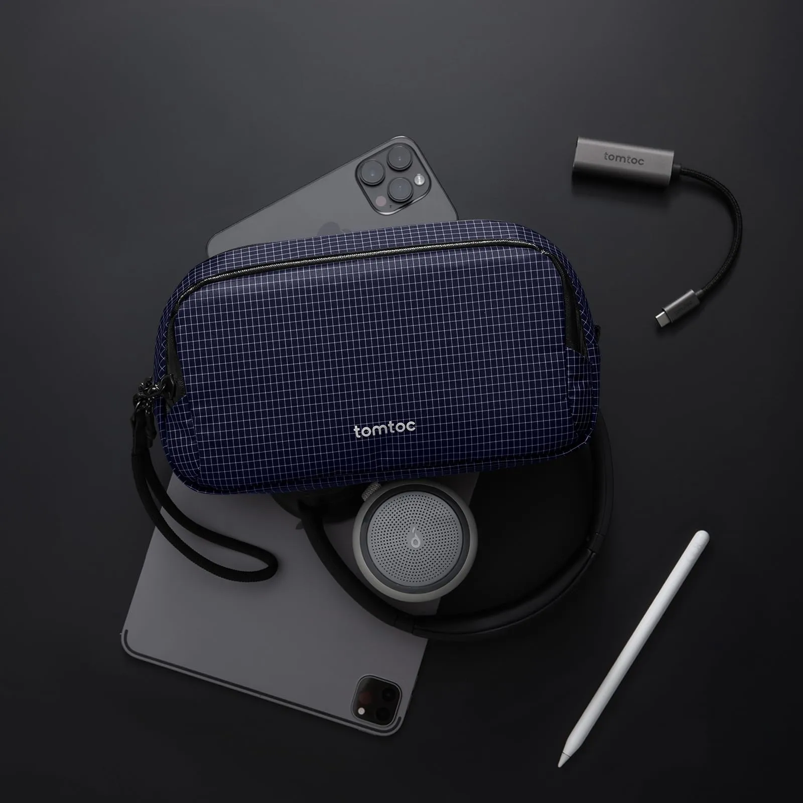 tomtoc Organizer Borsa Accessori Viaggio Light-T12, Borsa Organizer Cavi Tech Pouch, Scozzese Plaid Blu - immagine 7