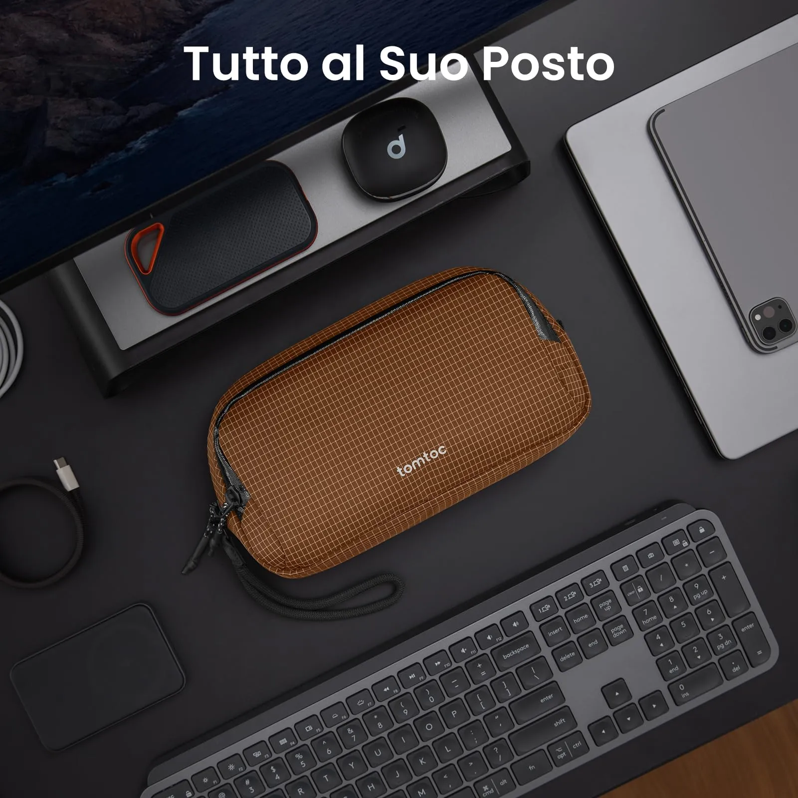 tomtoc Organizer Borsa Accessori Viaggio Light-T12, Tech Pouch, Scozzese Marrone - immagine 3