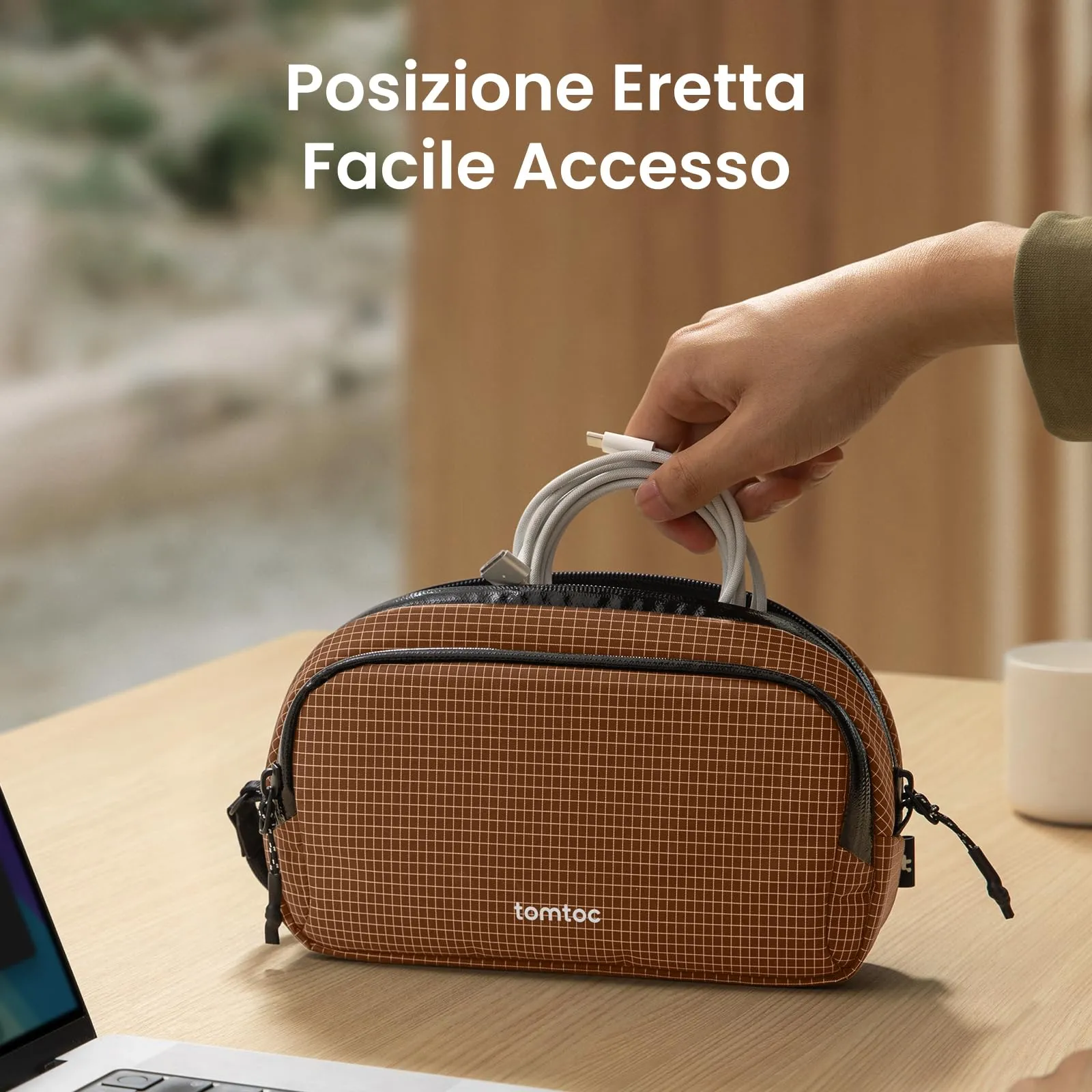 tomtoc Organizer Borsa Accessori Viaggio Light-T12, Tech Pouch, Scozzese Marrone - immagine 4