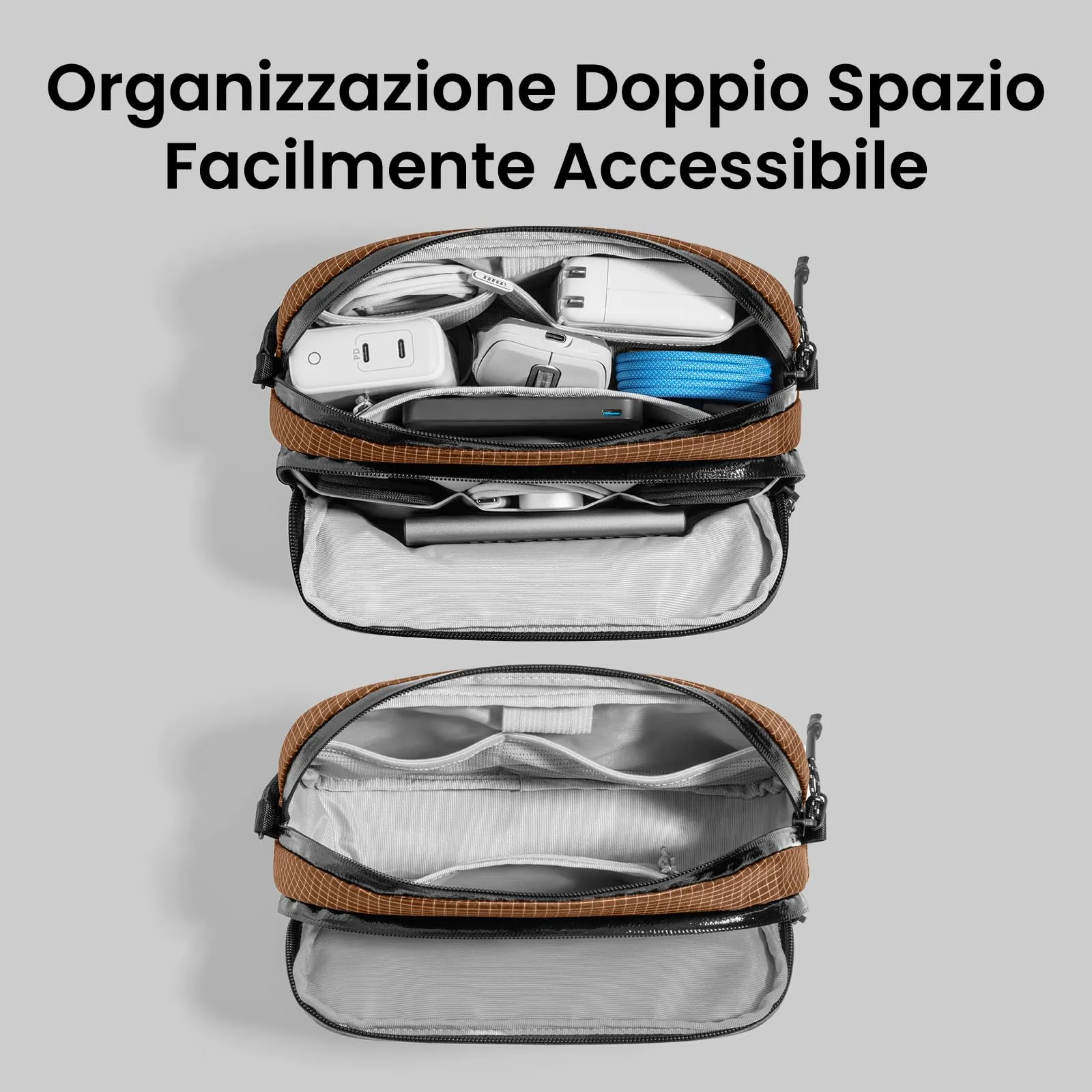 tomtoc Organizer Borsa Accessori Viaggio Light-T12, Tech Pouch, Scozzese Marrone - immagine 5