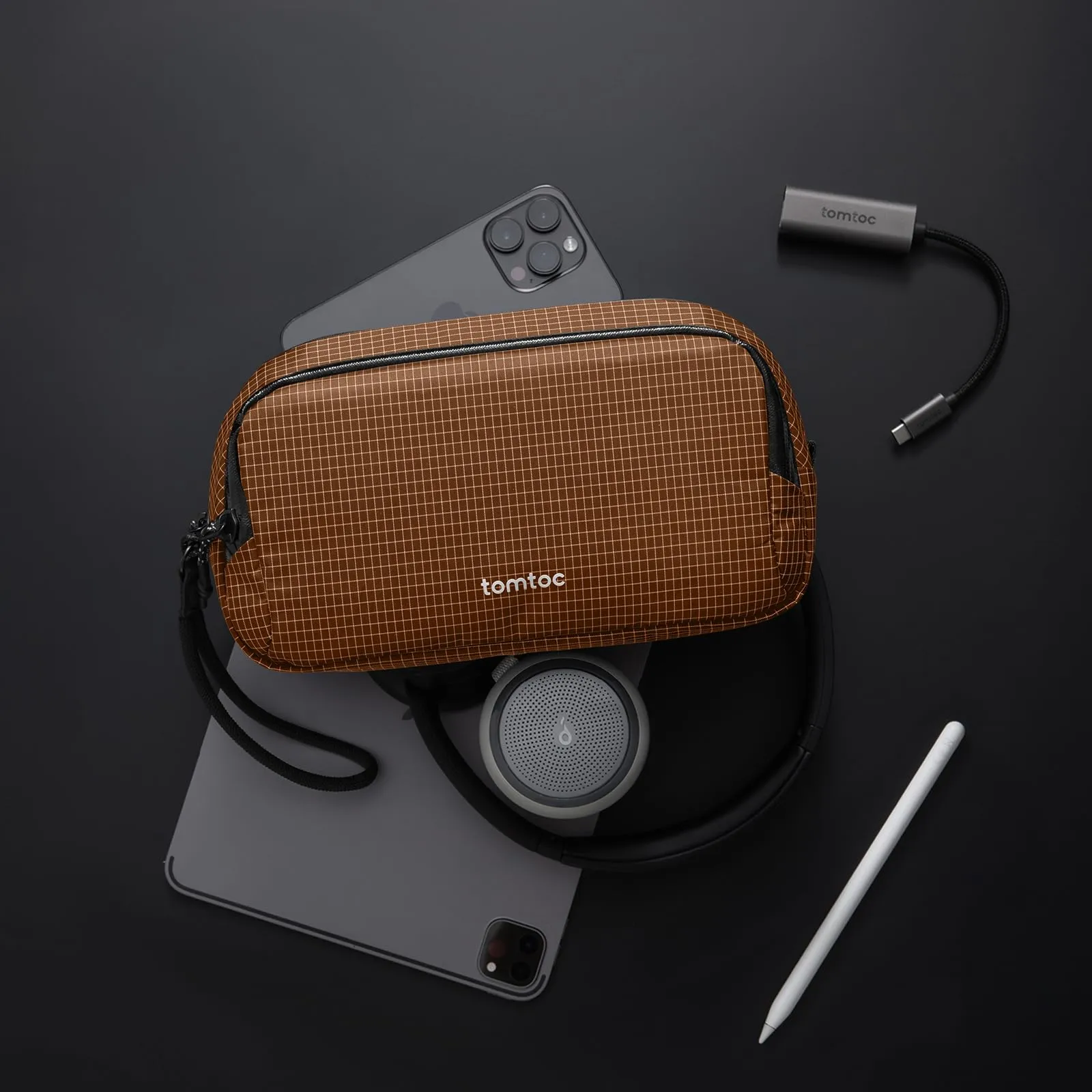 tomtoc Organizer Borsa Accessori Viaggio Light-T12, Tech Pouch, Scozzese Marrone - immagine 7