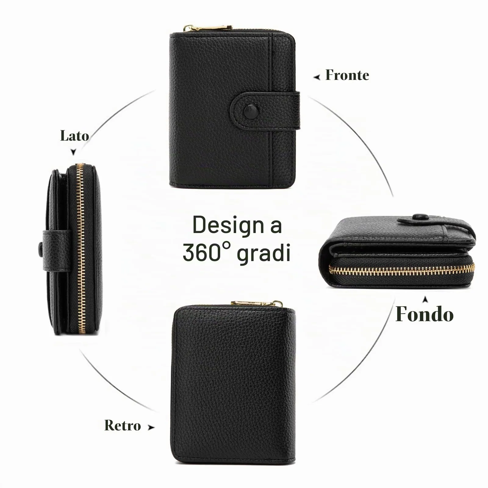CHAOFANXI Portafoglio Donna in Pelle, Bifold Corto con Portamonete e Cerniera, Nero - immagine 2