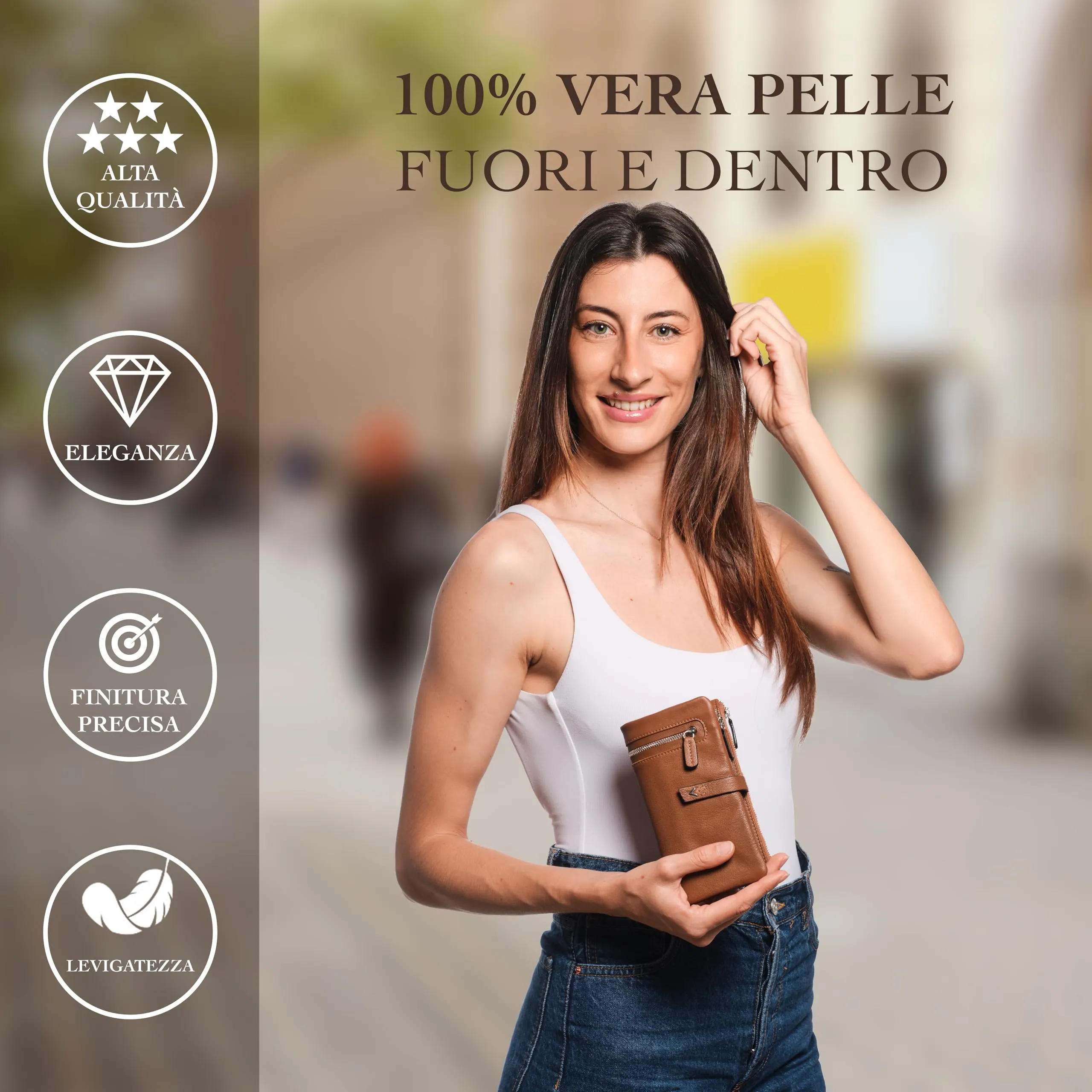 Lavalen Portafoglio Donna in Vera Pelle RFID Verticale con Portamonete Estraibile - Cognac, Talla Grande - immagine 2