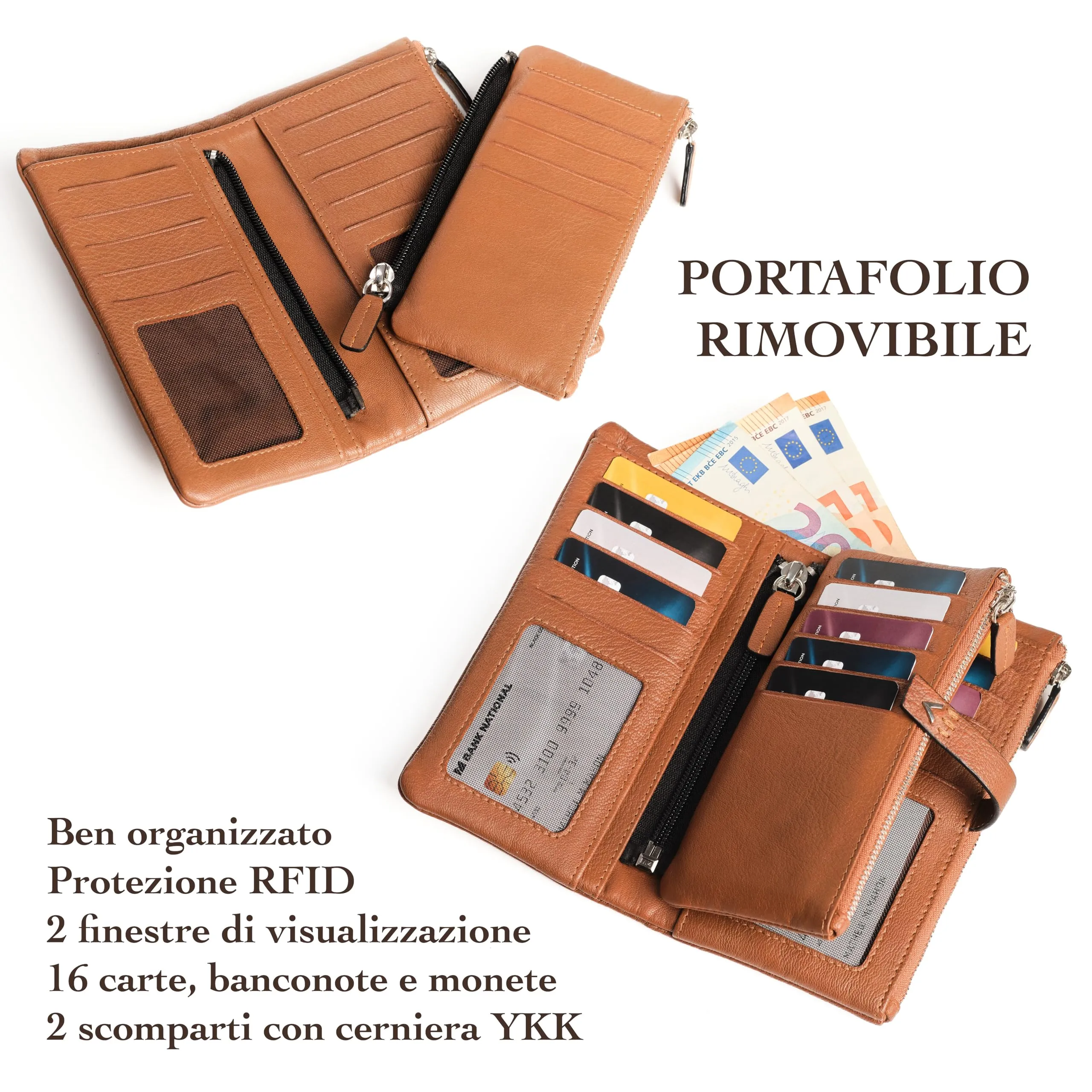 Lavalen Portafoglio Donna in Vera Pelle RFID Verticale con Portamonete Estraibile - Cognac, Talla Grande - immagine 3