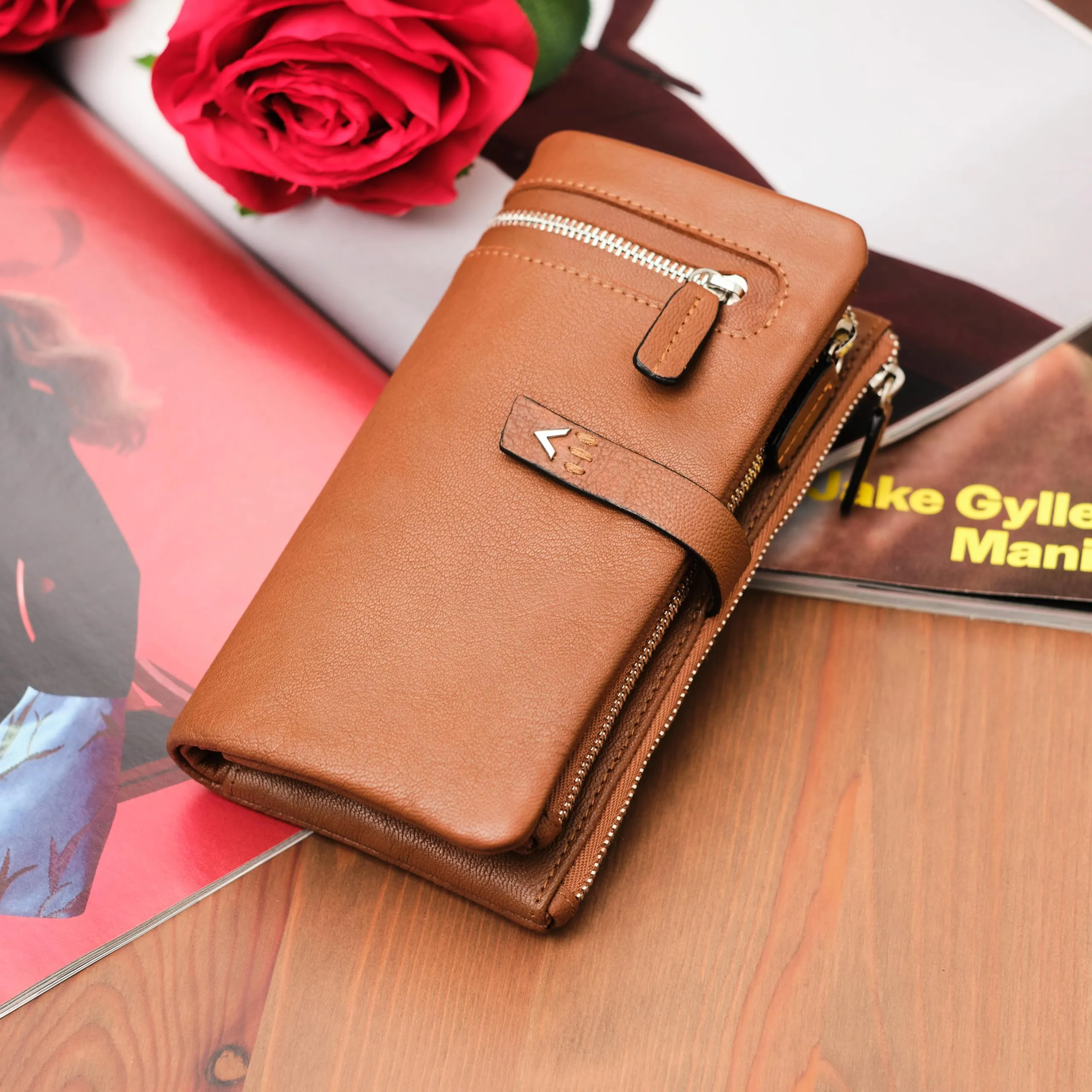 Lavalen Portafoglio Donna in Vera Pelle RFID Verticale con Portamonete Estraibile - Cognac, Talla Grande - immagine 6