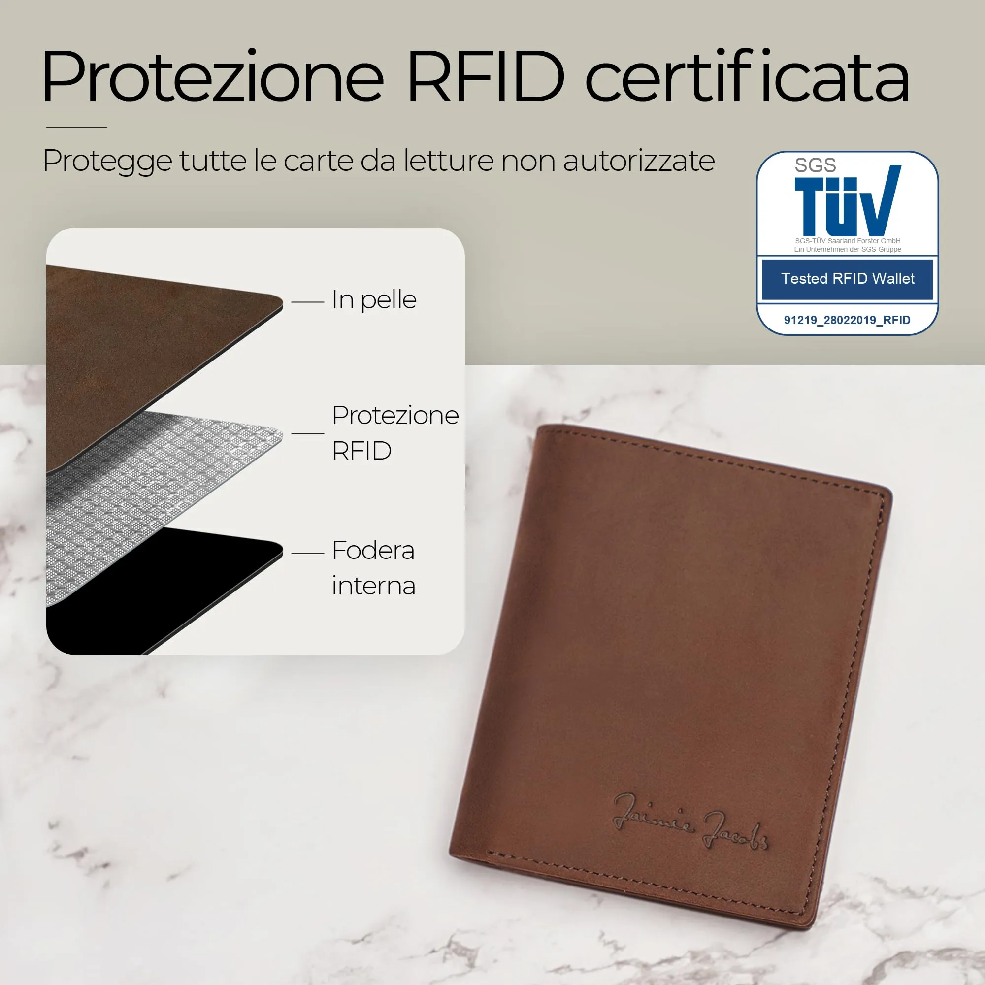 Jaimie Jacobs SLIMSTAR Portafoglio Uomo Piccolo con Protezione RFID - Pelle di Bufalo Marrone - immagine 5