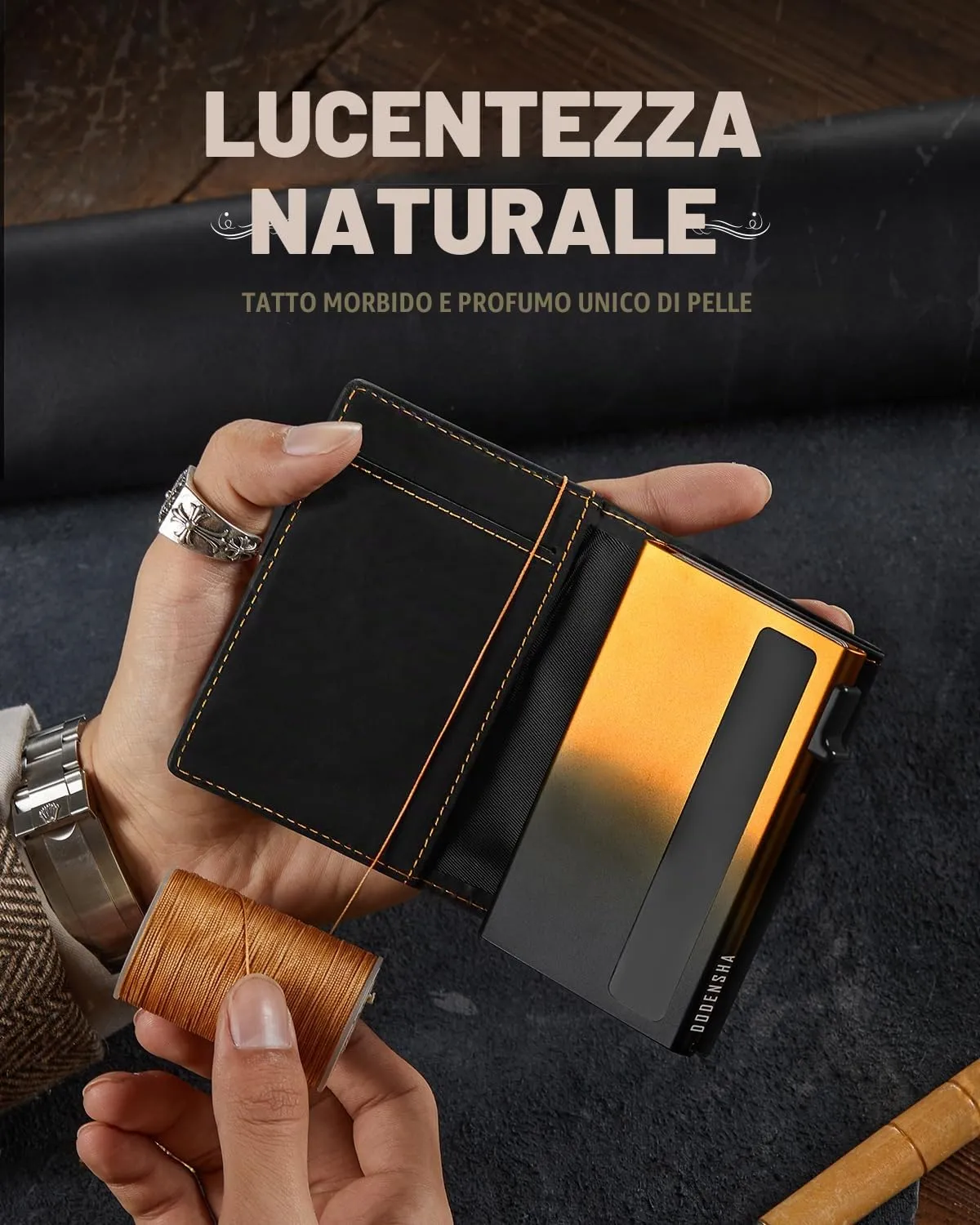 DODENSHA MagSnap Airtag Wallet Uomo, Portafoglio Smart con Custodia per Carte di Credito e Scomparto Portamonete (Nero Giallo) - immagine 2