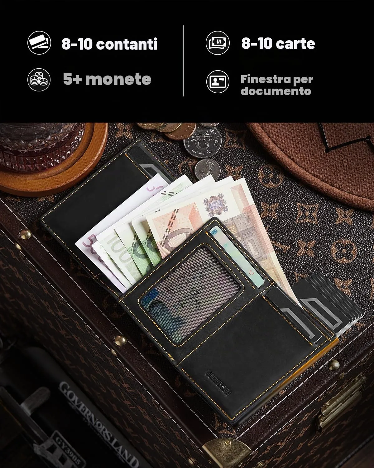 DODENSHA MagSnap Airtag Wallet Uomo, Portafoglio Smart con Custodia per Carte di Credito e Scomparto Portamonete (Nero Giallo) - immagine 4