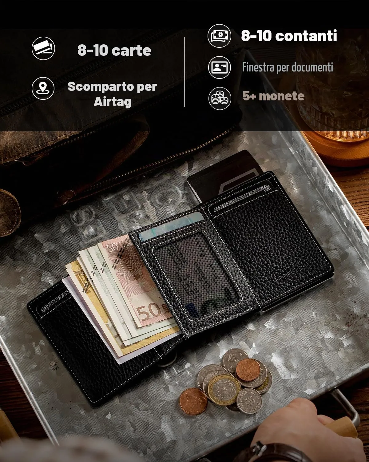 DODENSHA MagSnap Pepple AirTag Wallet Uomo Portafoglio in Pelle con Custodia per Carte di Credito e Scomparto Portamonete - immagine 4