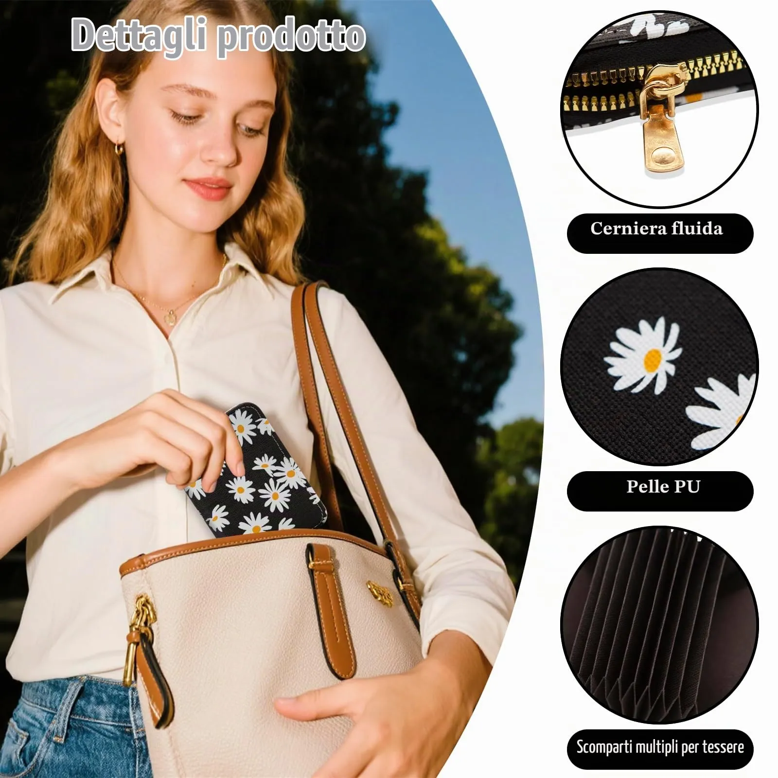 LJCZKA Portafoglio Portacarte Floreale in Pelle PU con Cerniera, 9 Slot per Carte e 2 Compartimenti - immagine 3