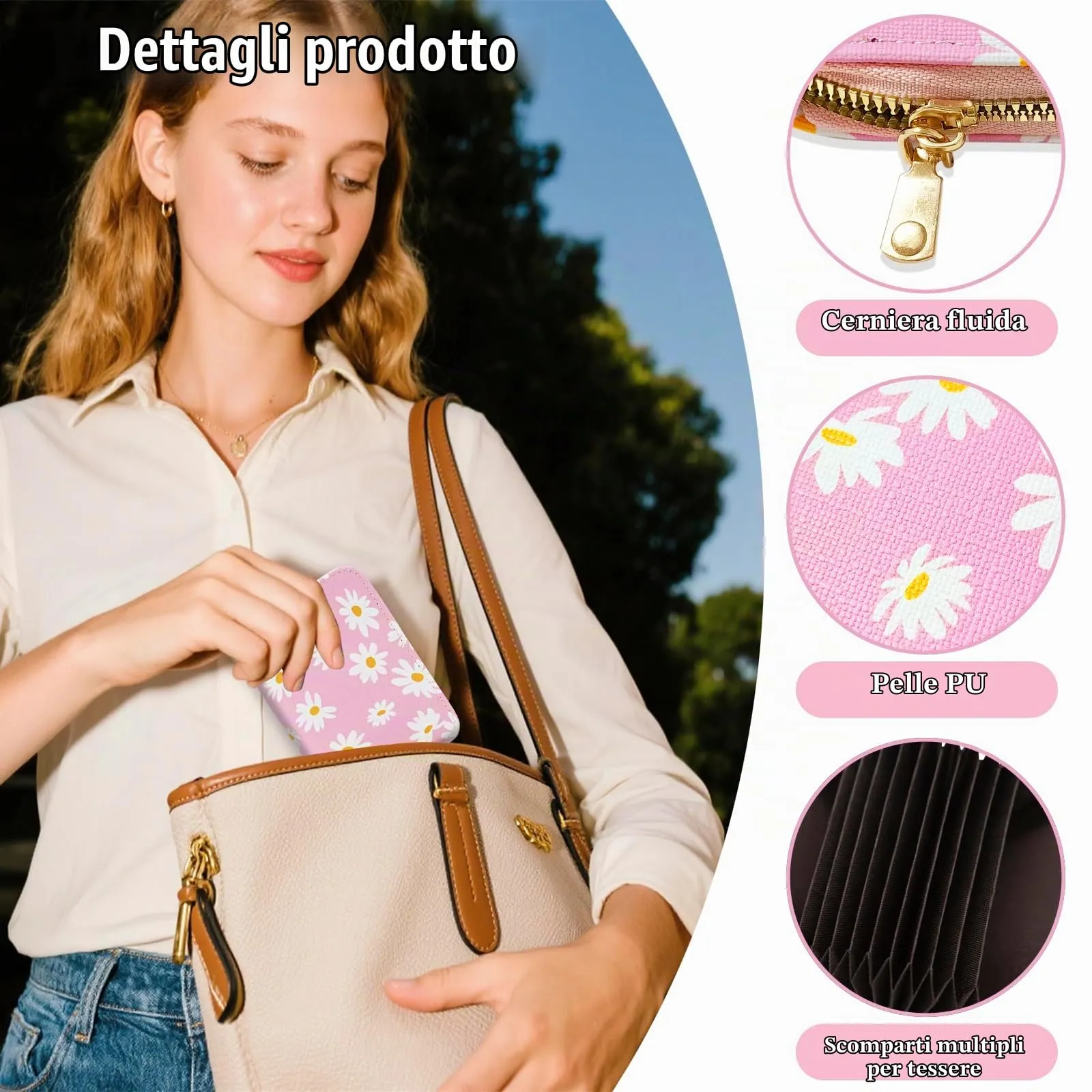 LJCZKA Portafoglio Portacarte in Pelle PU Floreale con Cerniera, 9 Slot per Carte e 2 Compartimenti - immagine 3