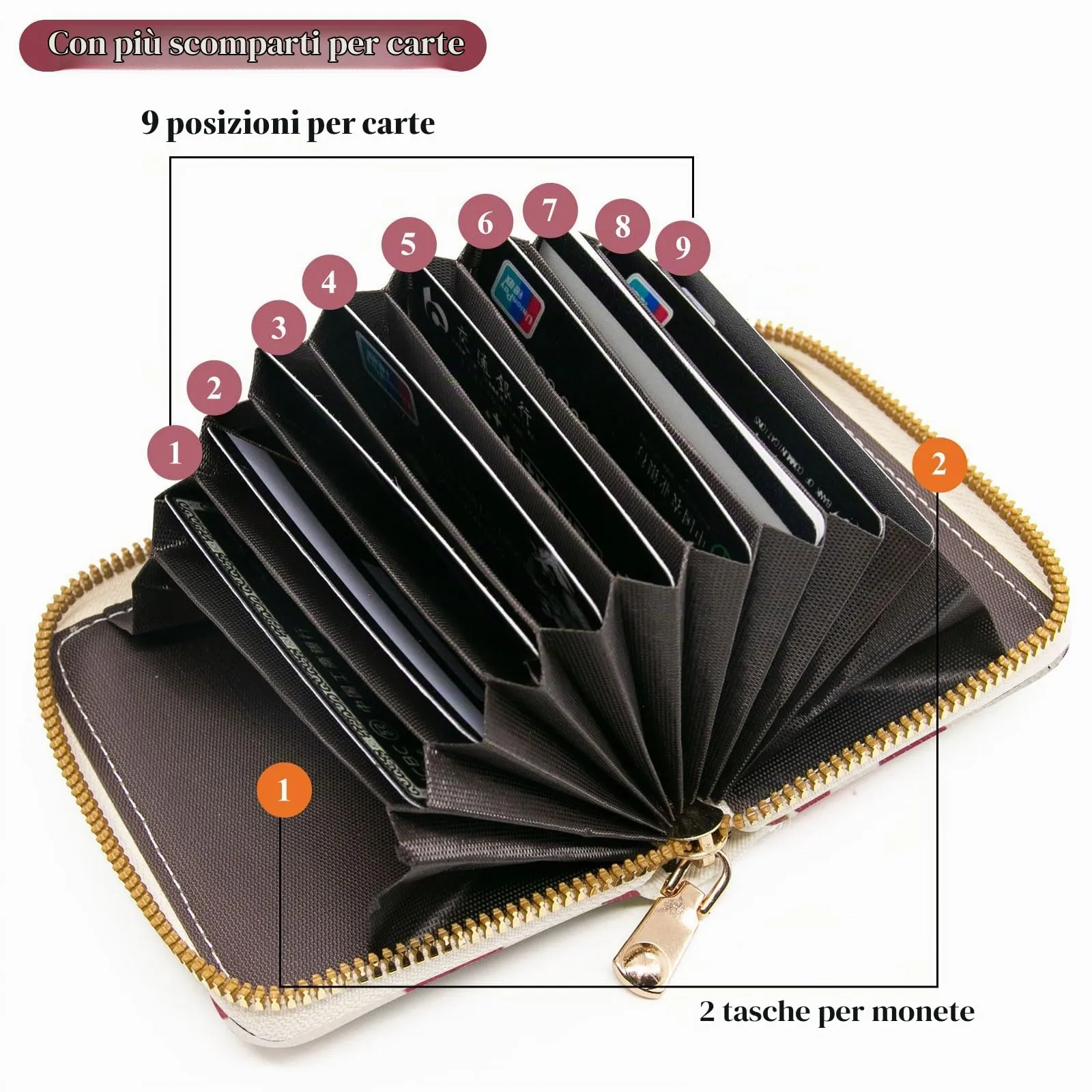 LJCZKA Porta Carte di Credito Donna RFID con Cerniera, 9 Slot per Carte e 2 Compartimenti, Prugna - immagine 2