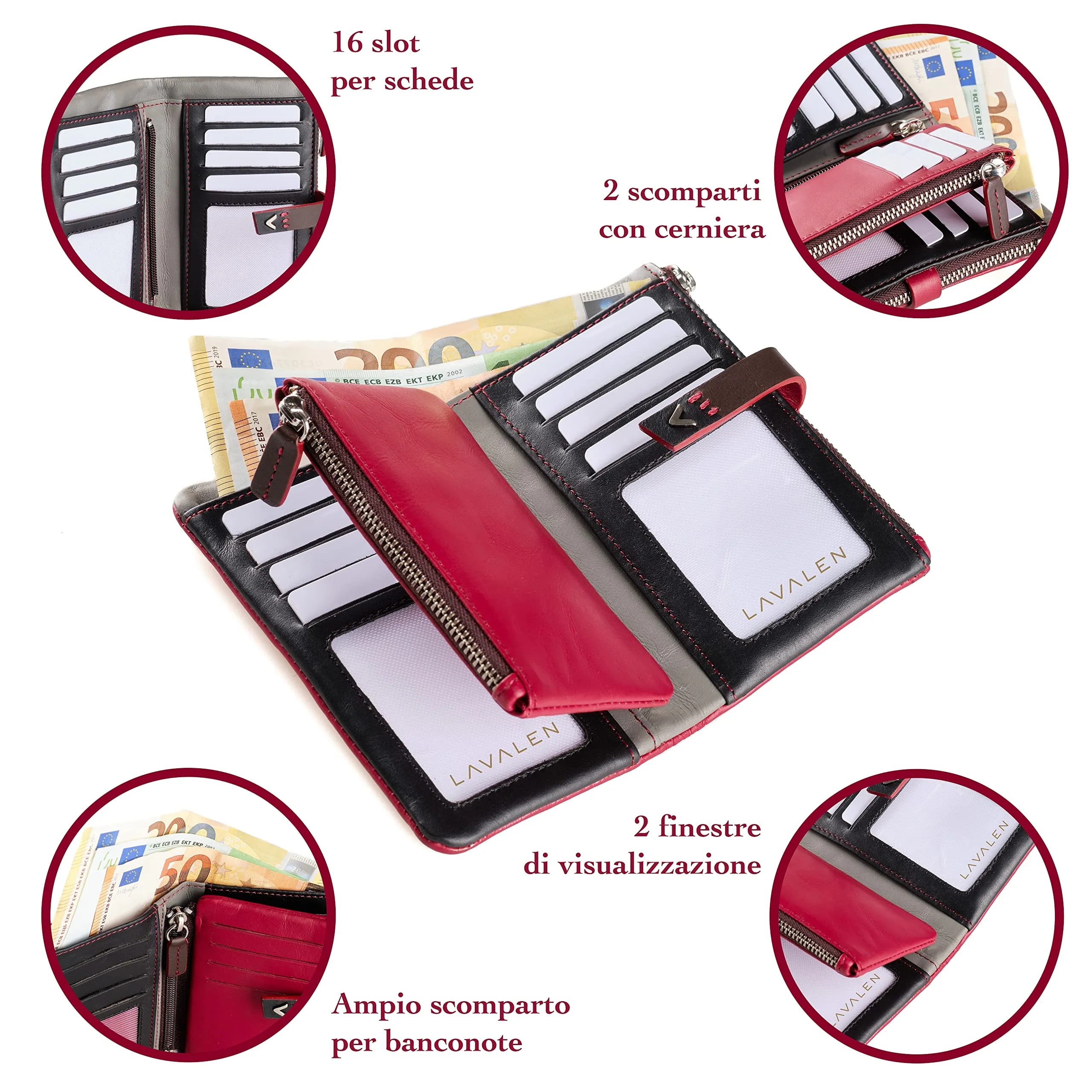 Lavalen Portafoglio Donna in Vera Pelle RFID Verticale con Portamonete Estraibile - Borgogna - immagine 3