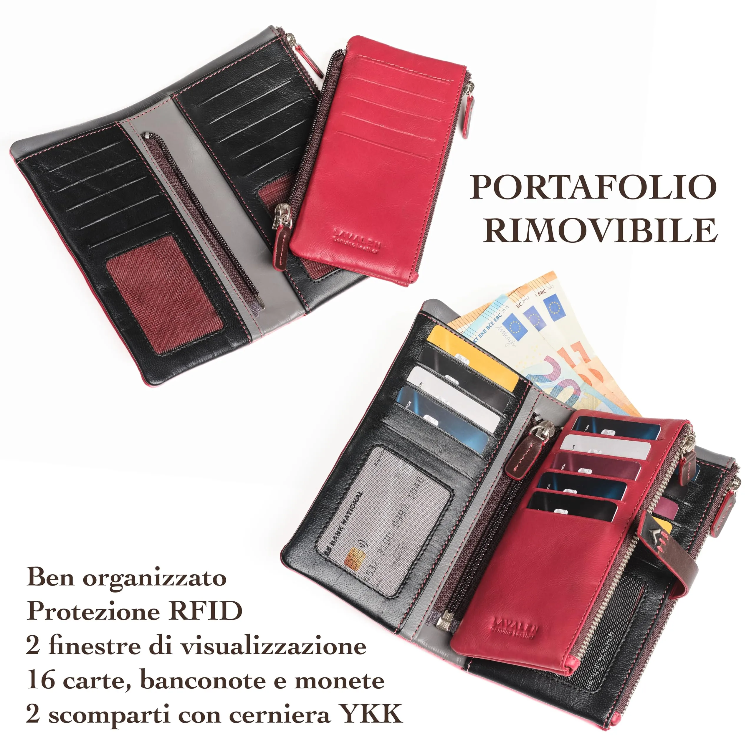 Lavalen Portafoglio Donna in Vera Pelle RFID Verticale con Portamonete Estraibile - Borgogna - immagine 4