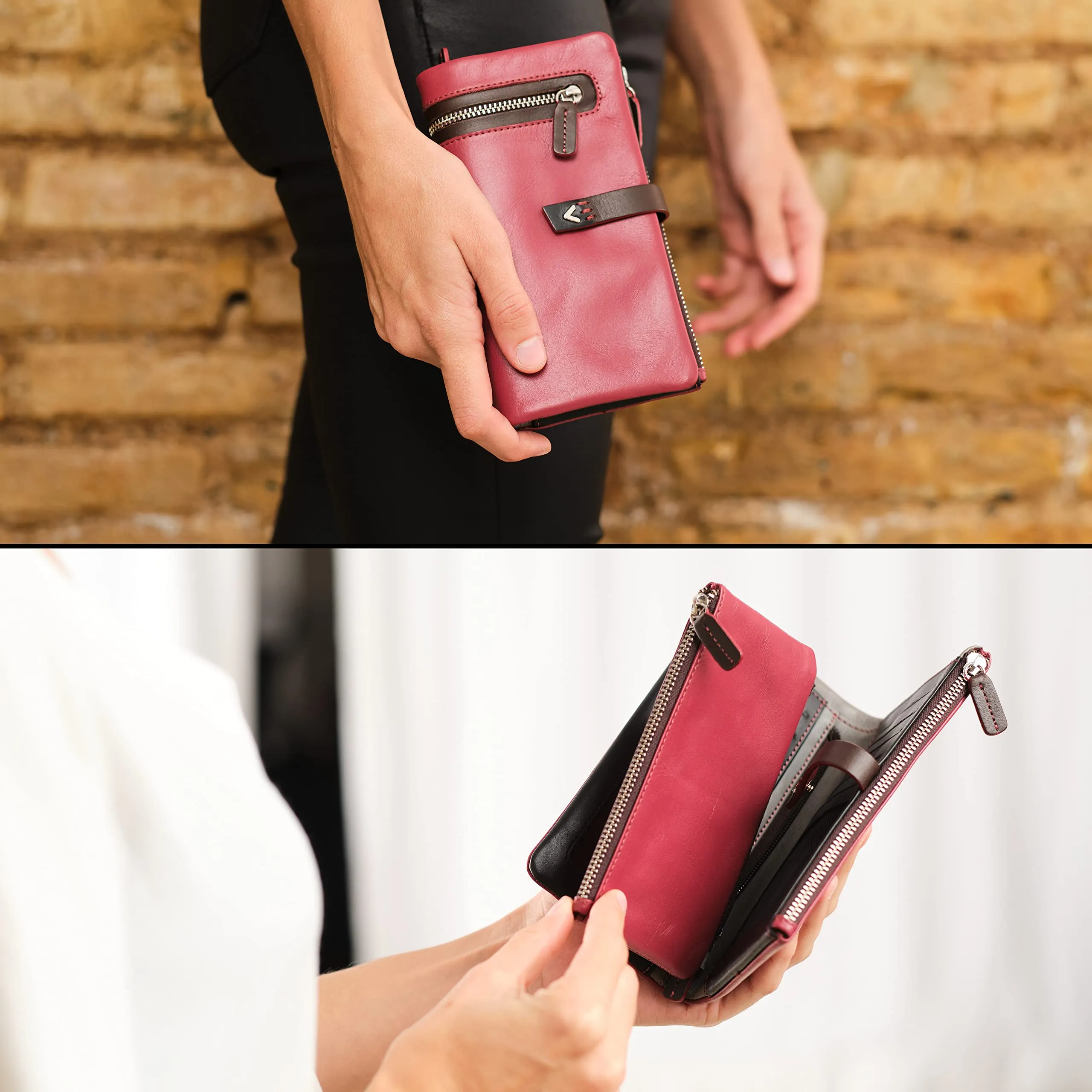 Lavalen Portafoglio Donna in Vera Pelle RFID Verticale con Portamonete Estraibile - Borgogna - immagine 5