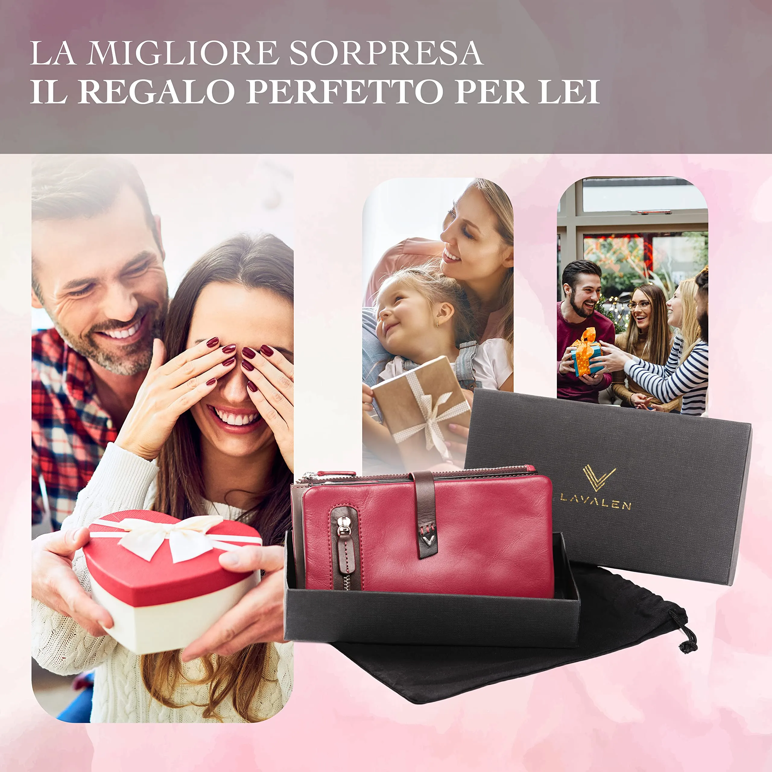 Lavalen Portafoglio Donna in Vera Pelle RFID Verticale con Portamonete Estraibile - Borgogna - immagine 8