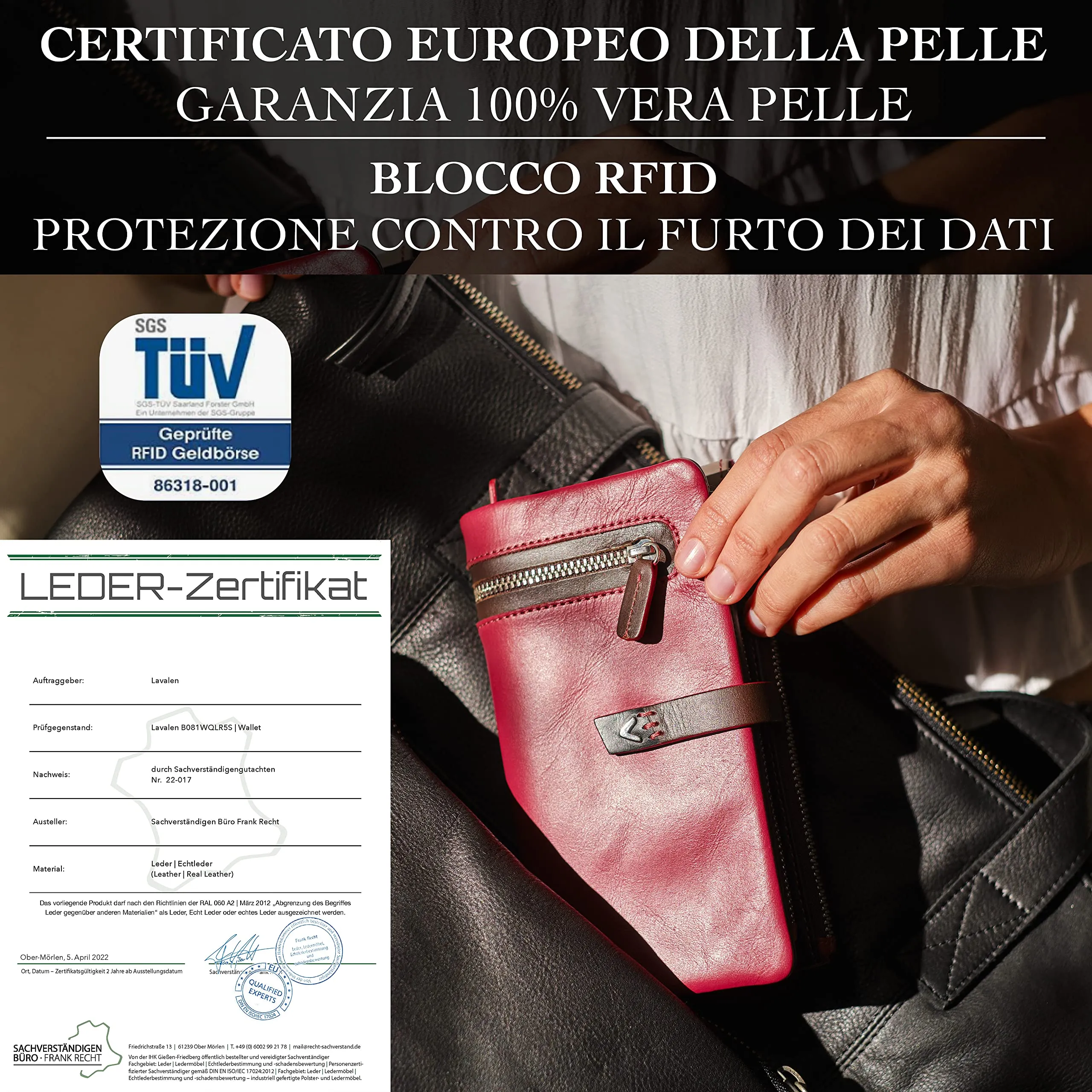 Lavalen Portafoglio Donna in Vera Pelle RFID Verticale con Portamonete Estraibile - Borgogna - immagine 9