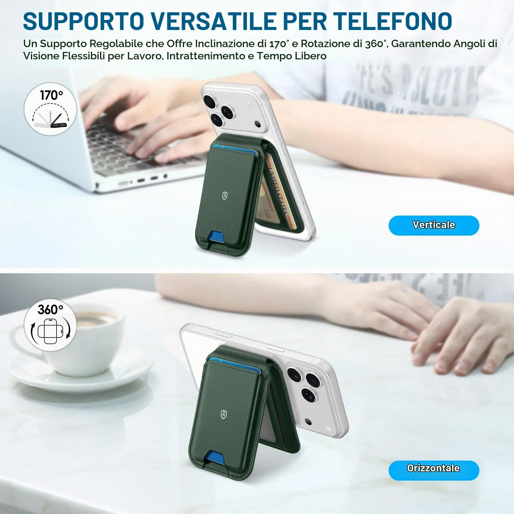 SHIELDON Portafoglio in Vera Pelle per MagSafe, Verde Notte - immagine 4