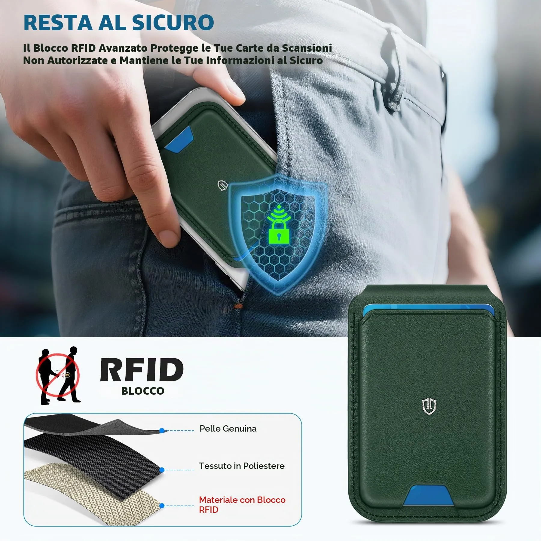 SHIELDON Portafoglio in Vera Pelle per MagSafe, Verde Notte - immagine 6