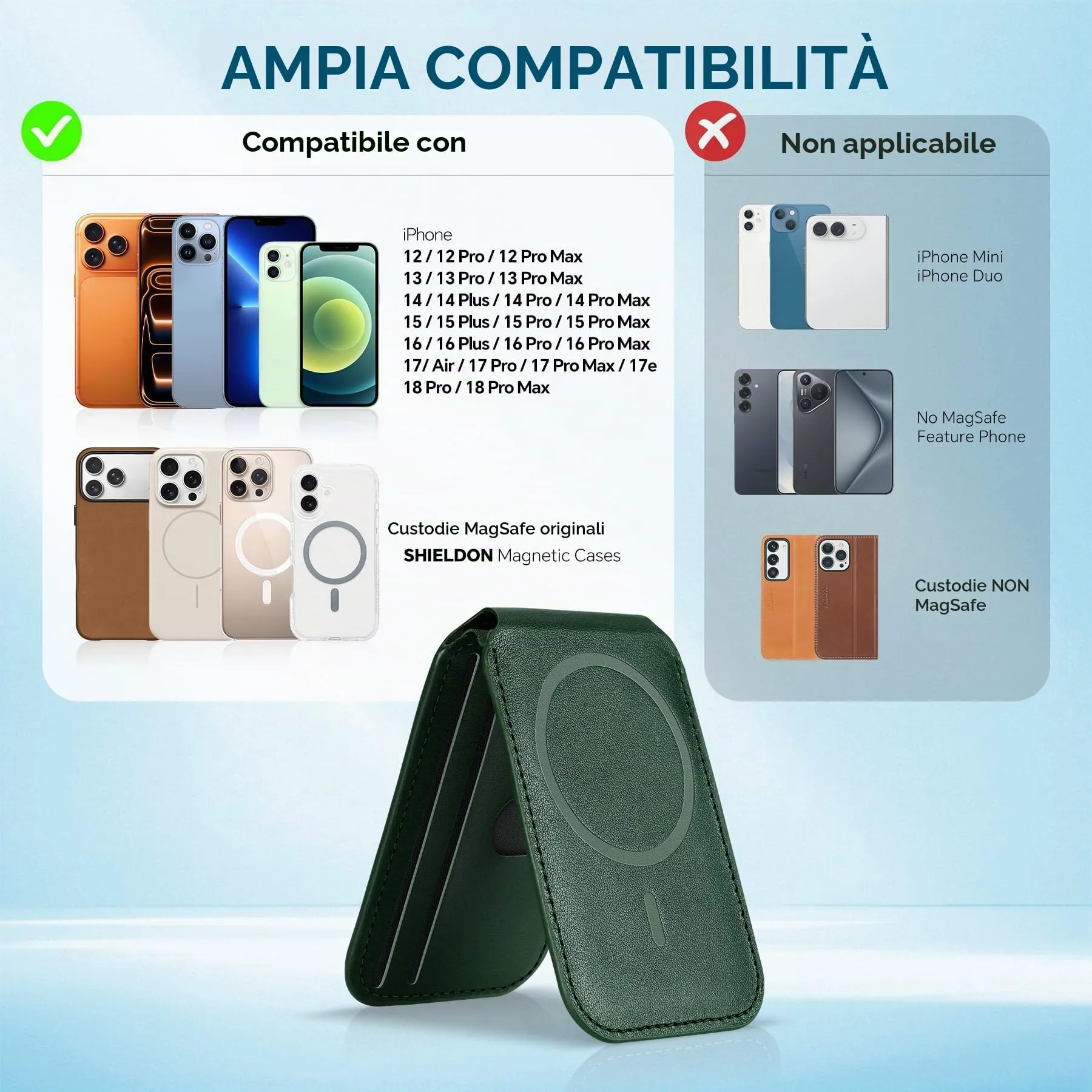 SHIELDON Portafoglio in Vera Pelle per MagSafe, Verde Notte - immagine 9