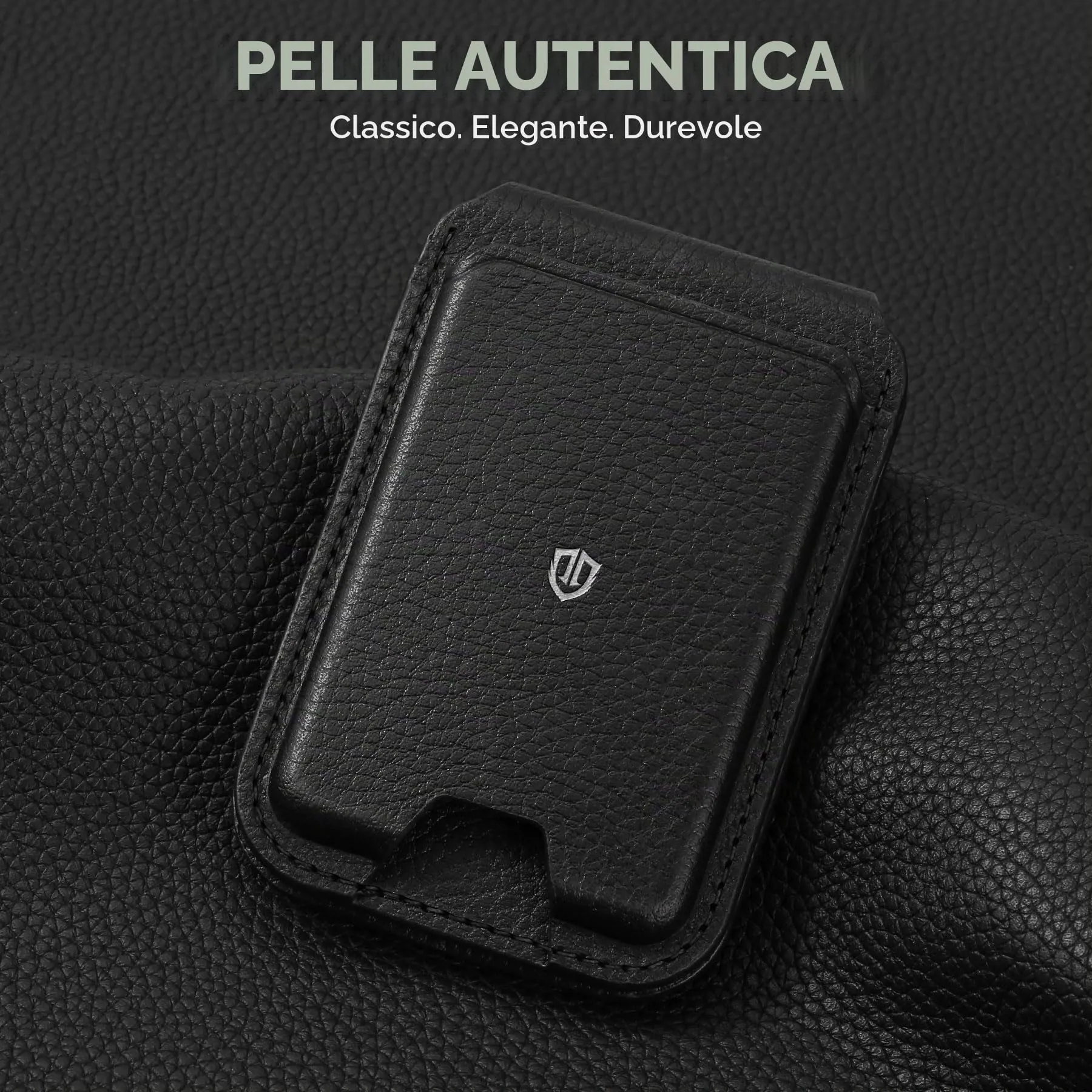 SHIELDON Porta Carte in Vera Pelle per MagSafe, Nero Litchi Grain - immagine 2